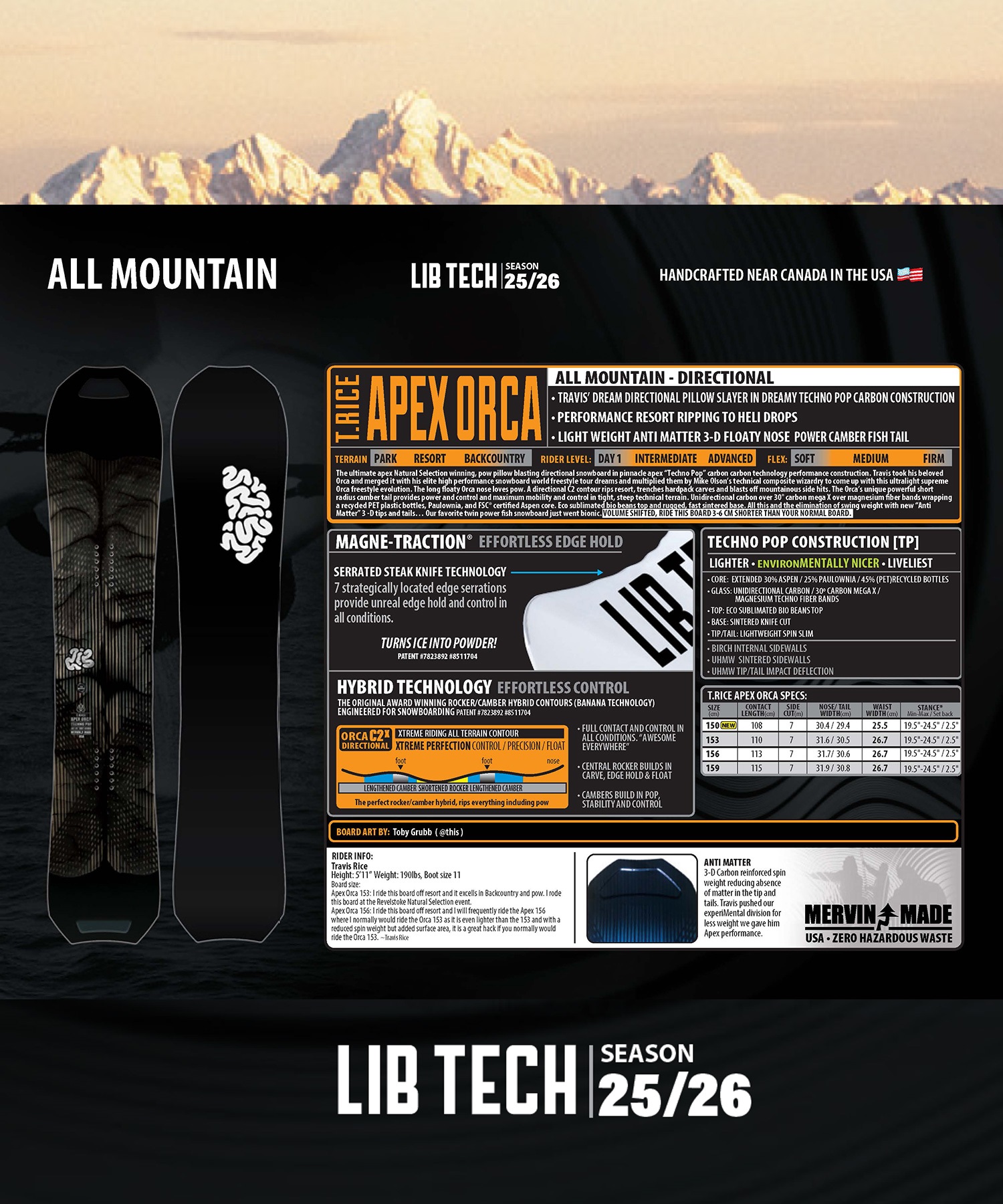 2526】 LIBTECH リブテック スノーボード 板 メンズ T.RICE APEX ORCA