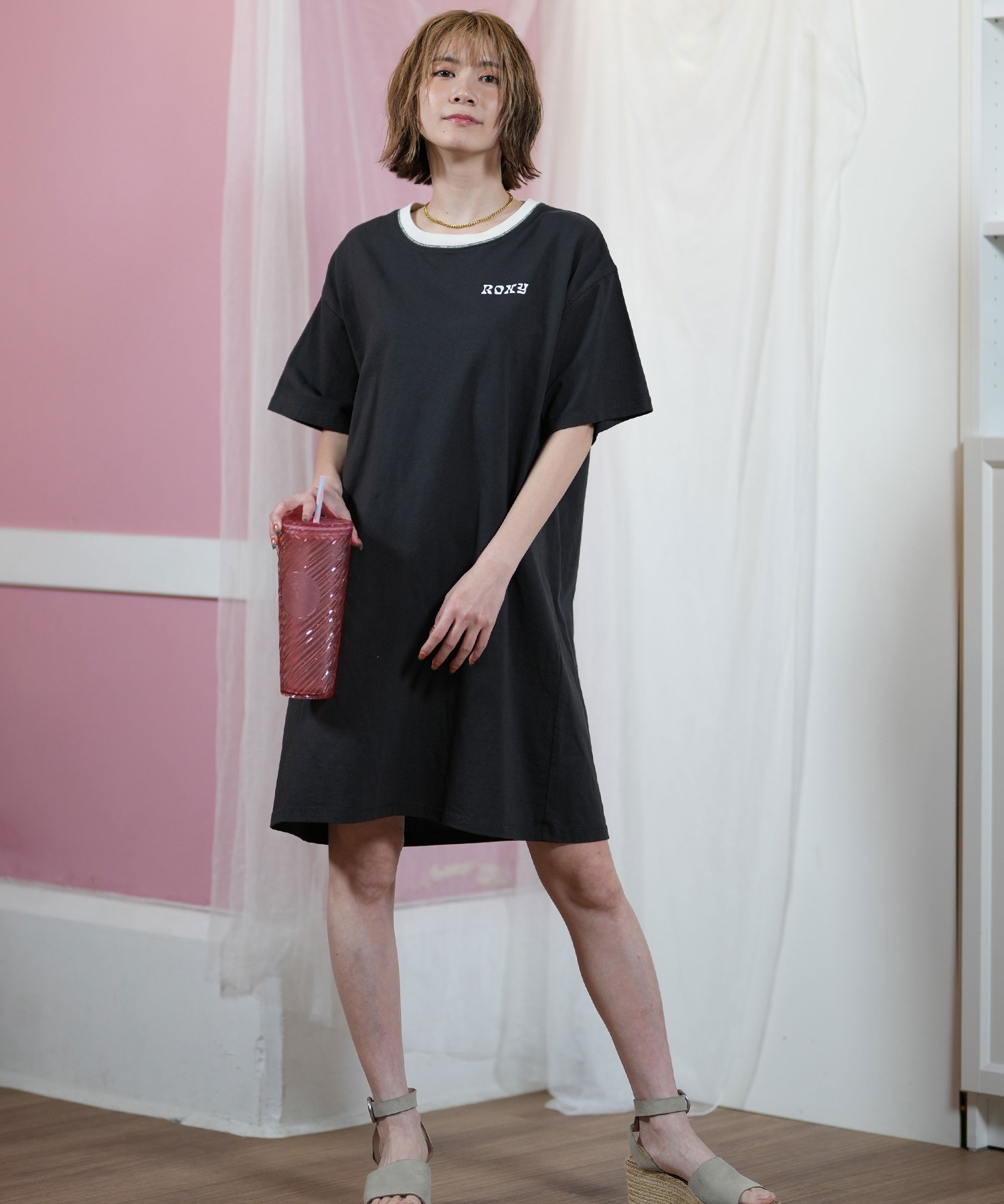 ROXY ロキシー ワンピース レディース Tシャツワンピ 半袖 膝丈 バック