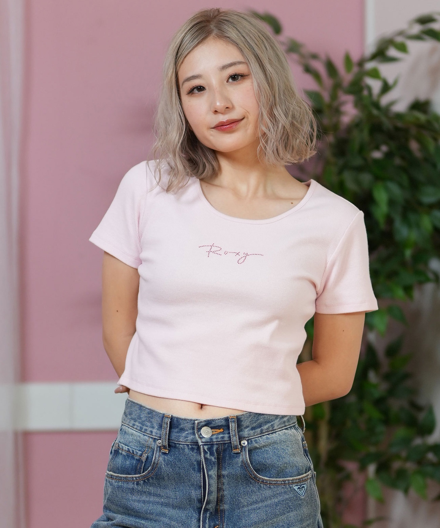 ROXY ロキシー 半袖 Tシャツ レディース ミニT フロントロゴ ラインストーン クロップド丈 RST251649M(WHT-M)