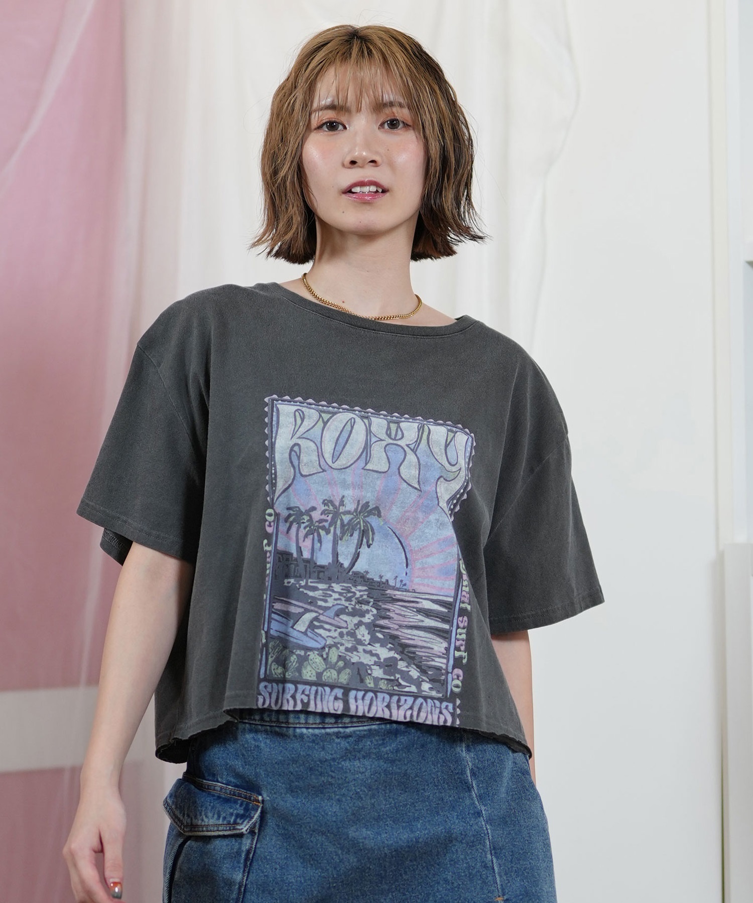 ROXY ロキシー 半袖 Tシャツ レディース フロントプリント クロップド丈 RST251651M(BBL-M)