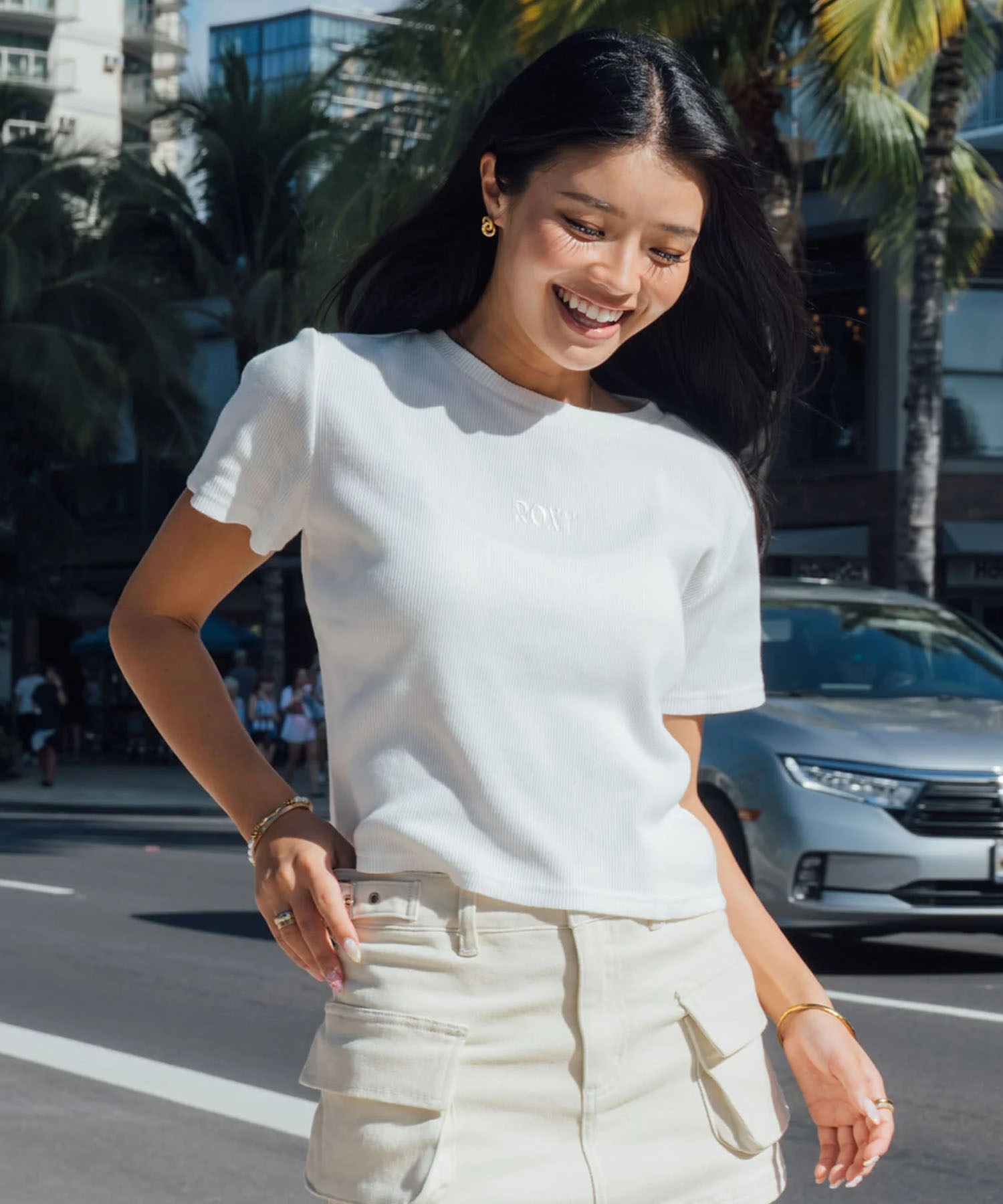 ROXY ロキシー × NANAHA 半袖 Tシャツ レディース リブ クロップド丈 ショート丈 ROXY CRUISERS RST252606T(BBK-M)
