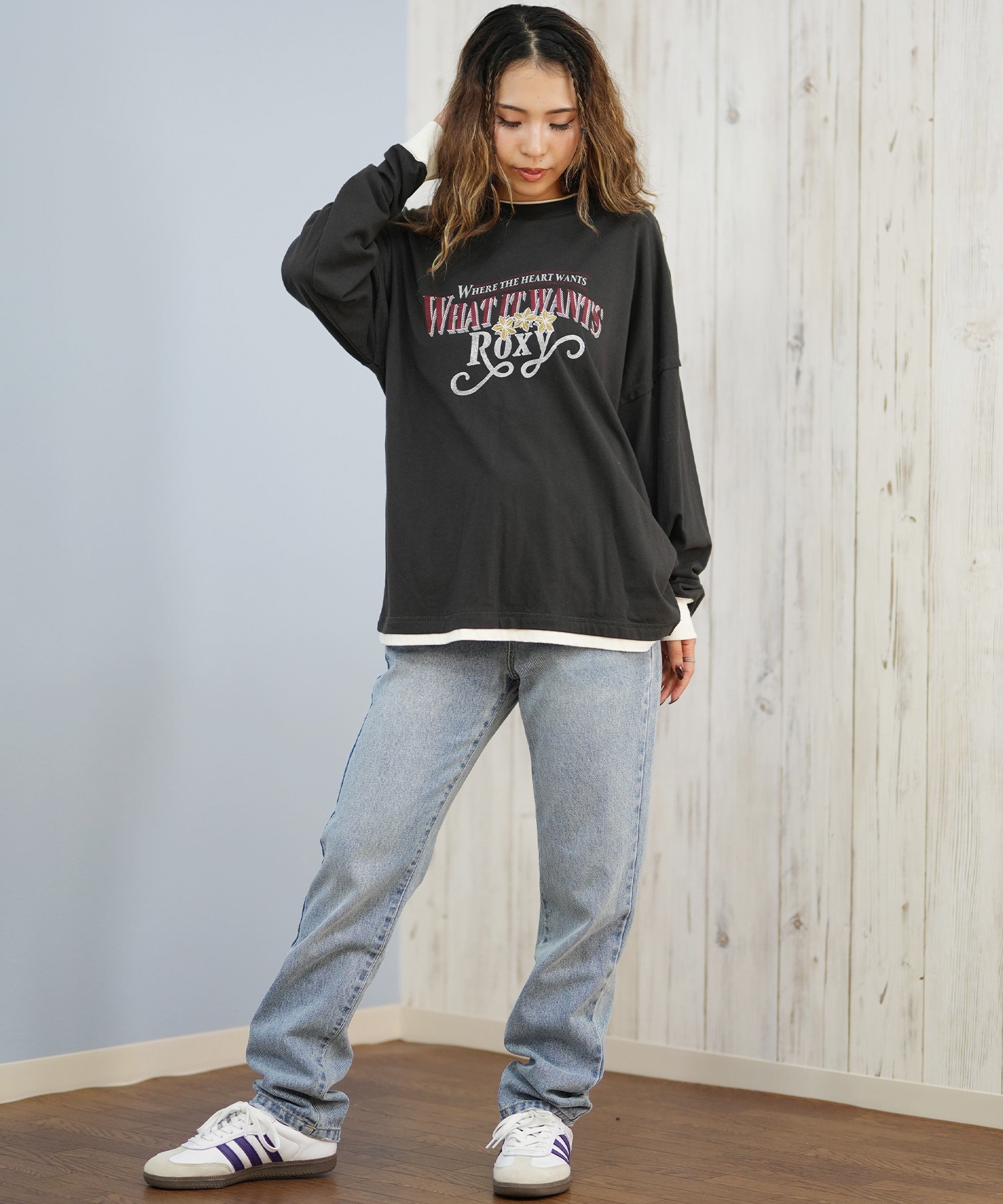 ROXY ロキシー 長袖 Tシャツ ロンT レディース ロゴ 古着風