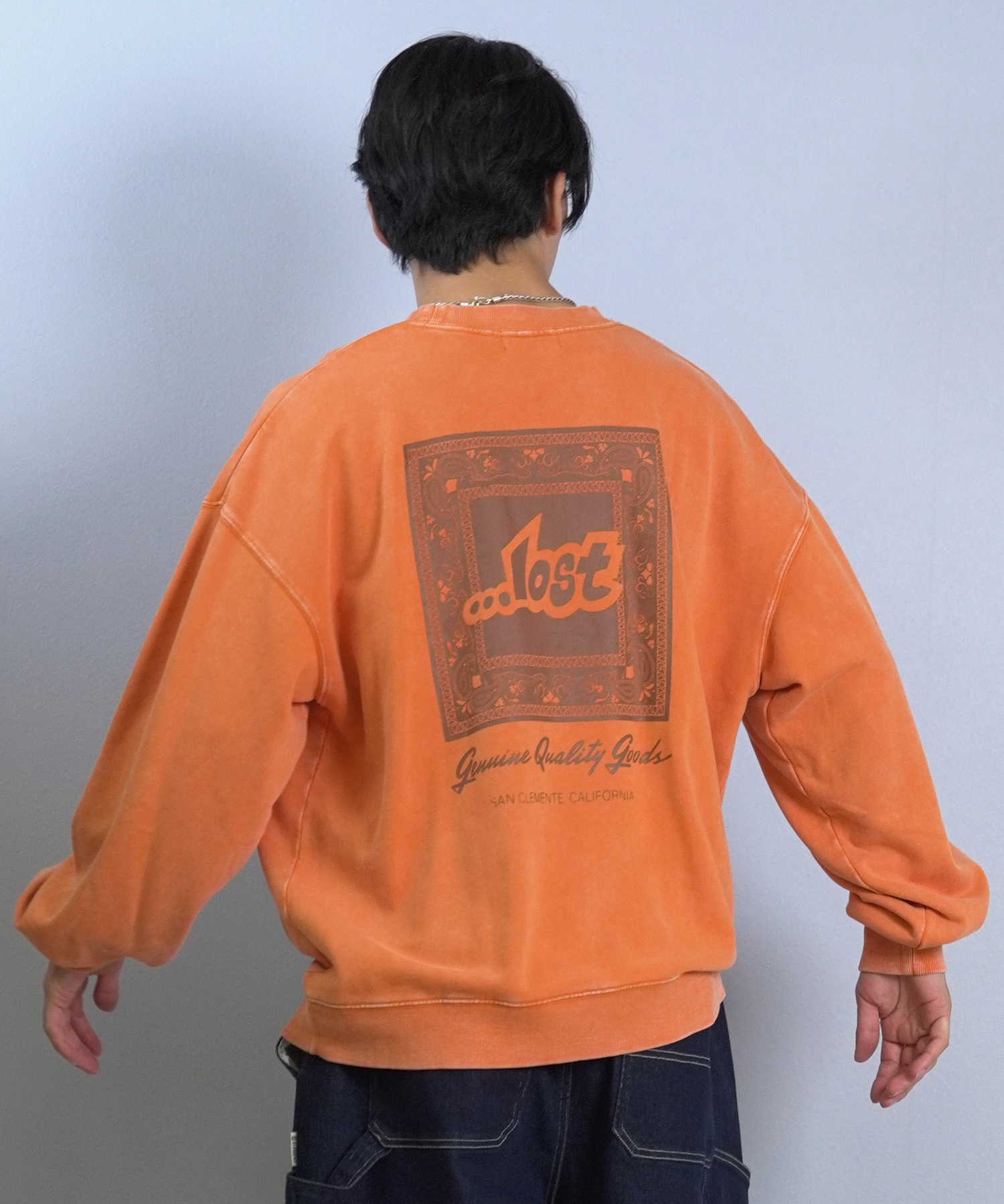 LOST ロスト トレーナー スウェット メンズ クルーネック バックプリント 古着風 ヴィンテージ加工 裏毛 L25F-1102 ムラサキスポーツ限定(BLK-M)