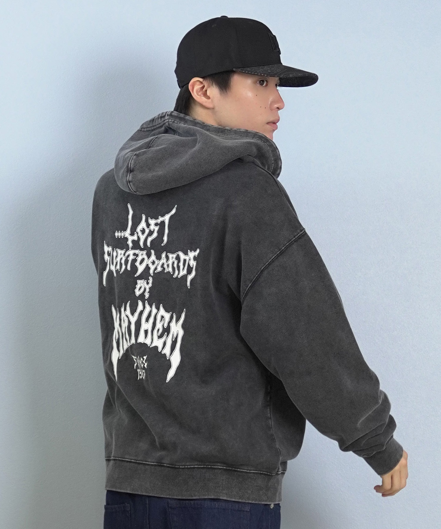 LOST ロスト ジップアップ パーカー メンズ スウェット フーディー バックプリント 古着風 ヴィンテージ加工 裏毛 L25F-1202 ムラサキスポーツ限定(BLK-M)
