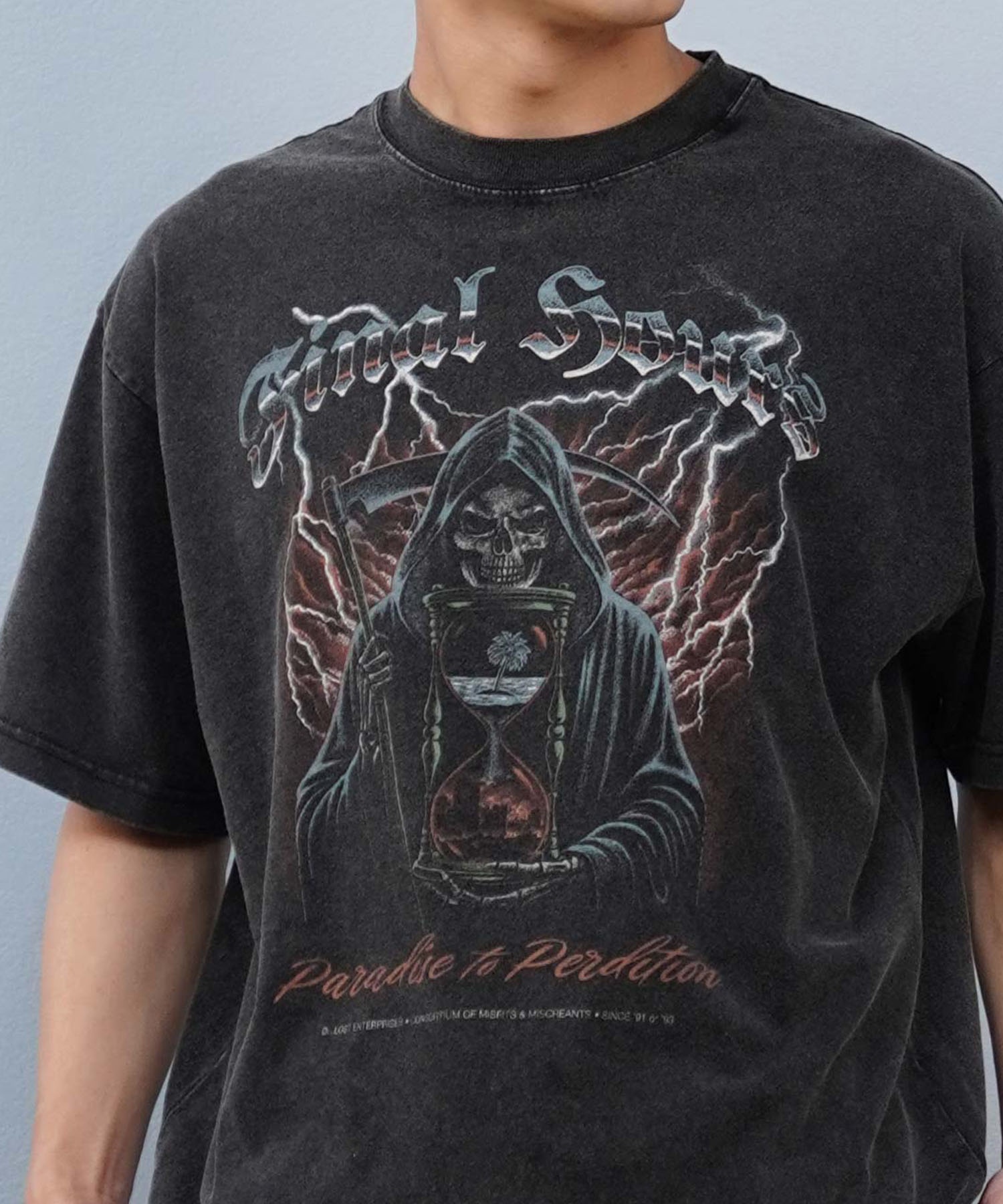 LOST ロスト 半袖 Tシャツ メンズ 古着風 ヴィンテージ加工 フロントプリント L25S-2112 ムラサキスポーツ限定(CBK-M)