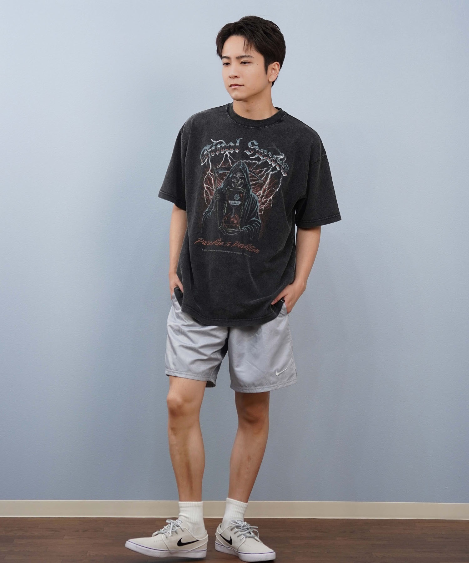 LOST ロスト 半袖 Tシャツ メンズ 古着風 ヴィンテージ加工 フロントプリント L25S-2112 ムラサキスポーツ限定(CBK-M)