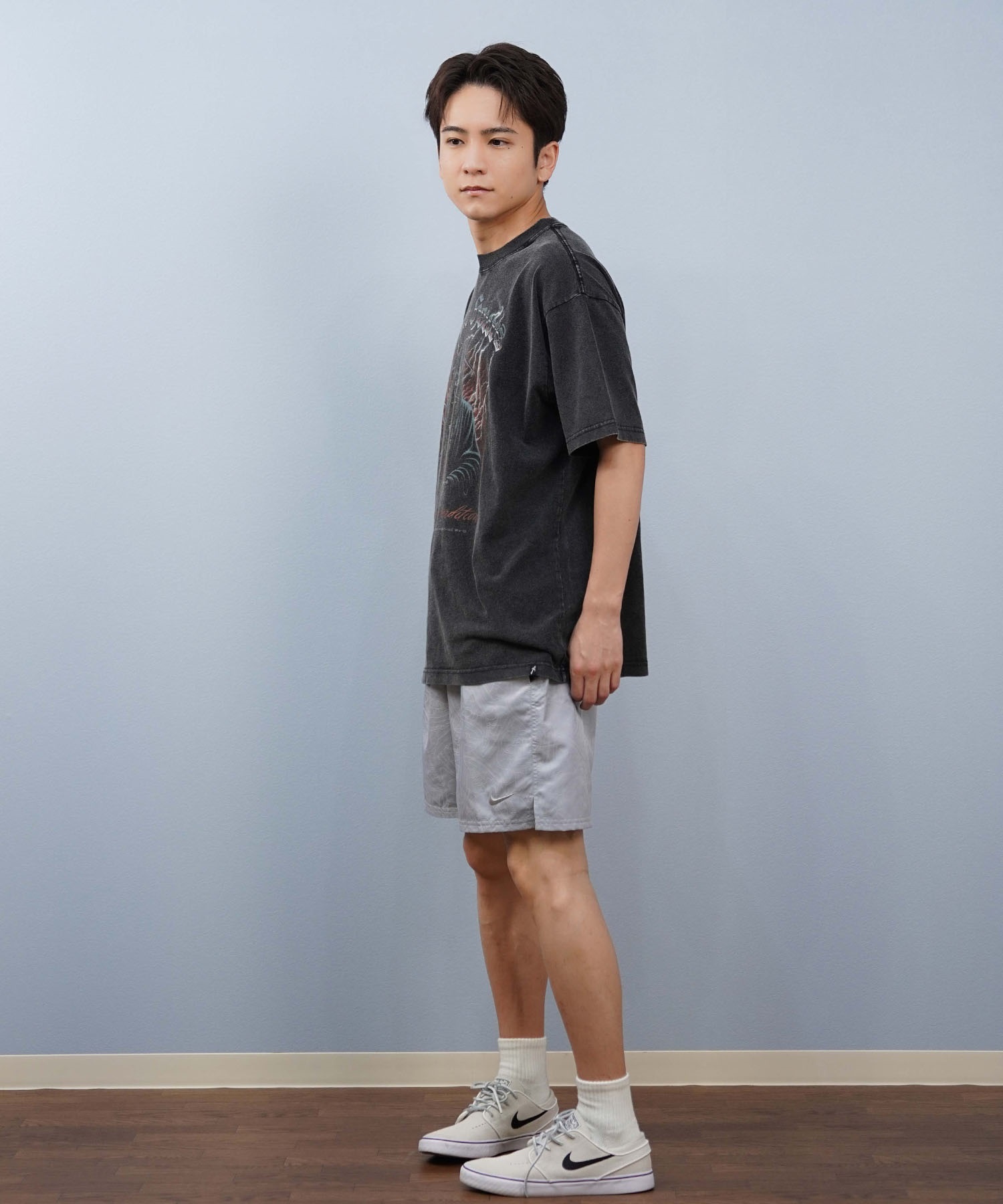LOST ロスト 半袖 Tシャツ メンズ 古着風 ヴィンテージ加工 フロントプリント L25S-2112 ムラサキスポーツ限定(CBK-M)