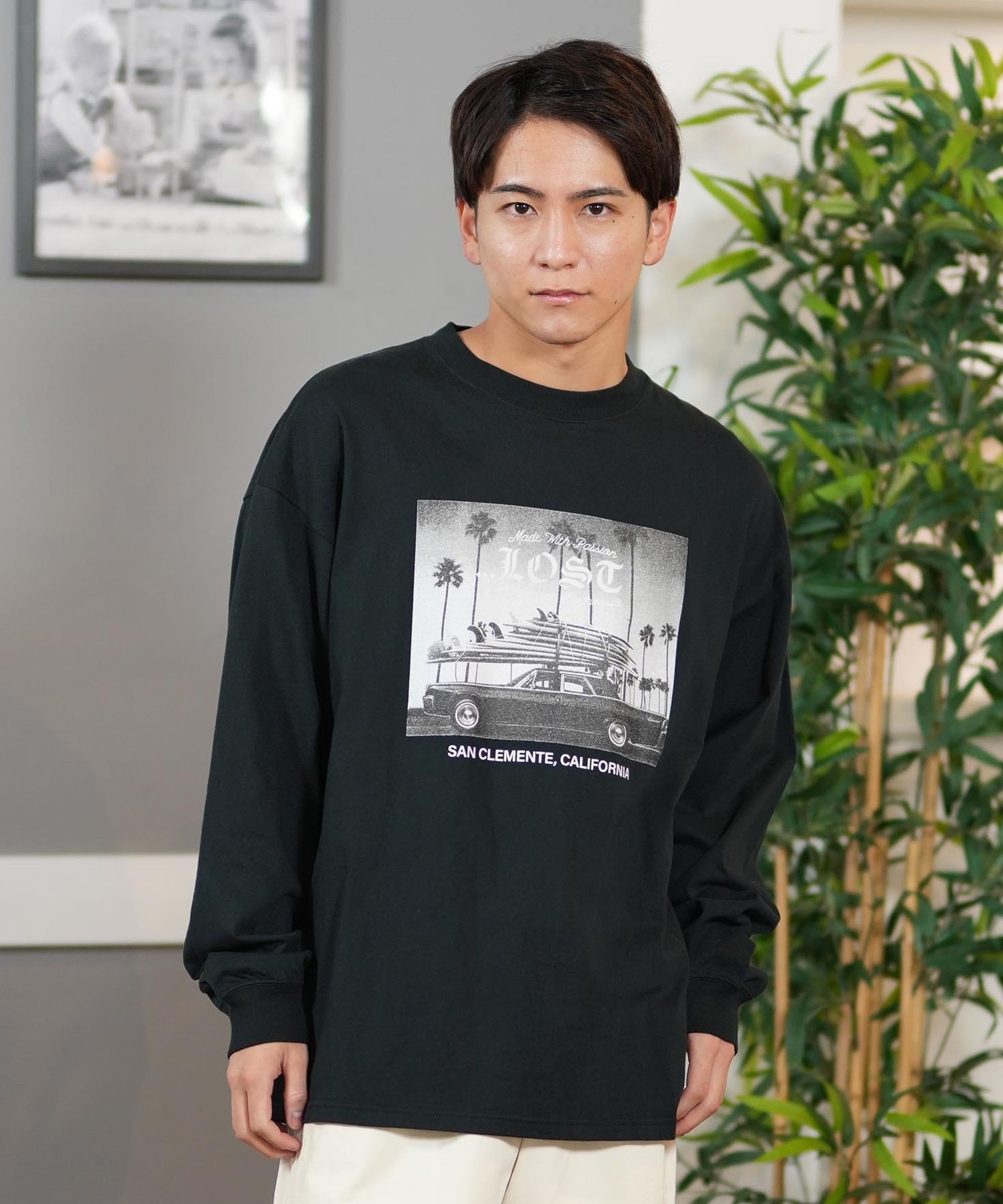 lost ロスト 長袖 Tシャツ メンズ フロントプリント オーバーサイズ ユニセックス ムラサキスポーツ限定 L25S2205(BLACK-M)