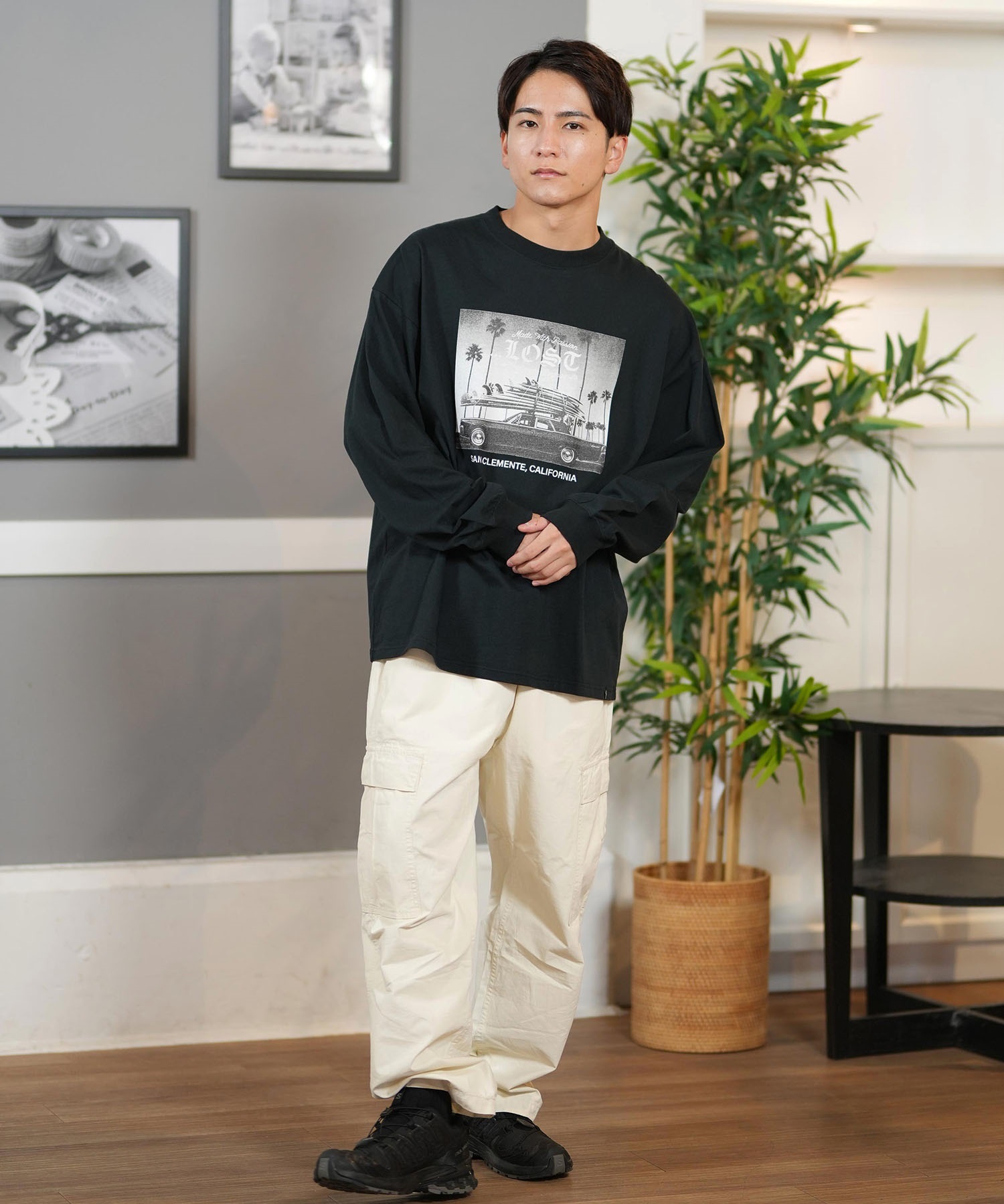 lost ロスト 長袖 Tシャツ メンズ フロントプリント オーバーサイズ ユニセックス ムラサキスポーツ限定 L25S2205(BLACK-M)