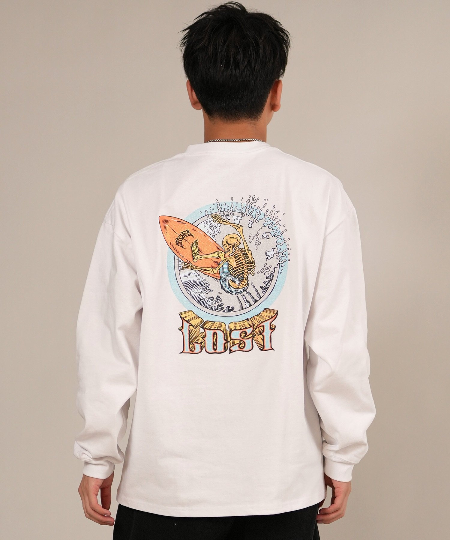 LOST ロスト 長袖 Tシャツ ロンT メンズ バックプリント ヘビーウェイト 古着風 ヴィンテージ加工 L25F-2201 ムラサキスポーツ限定(WHT-M)