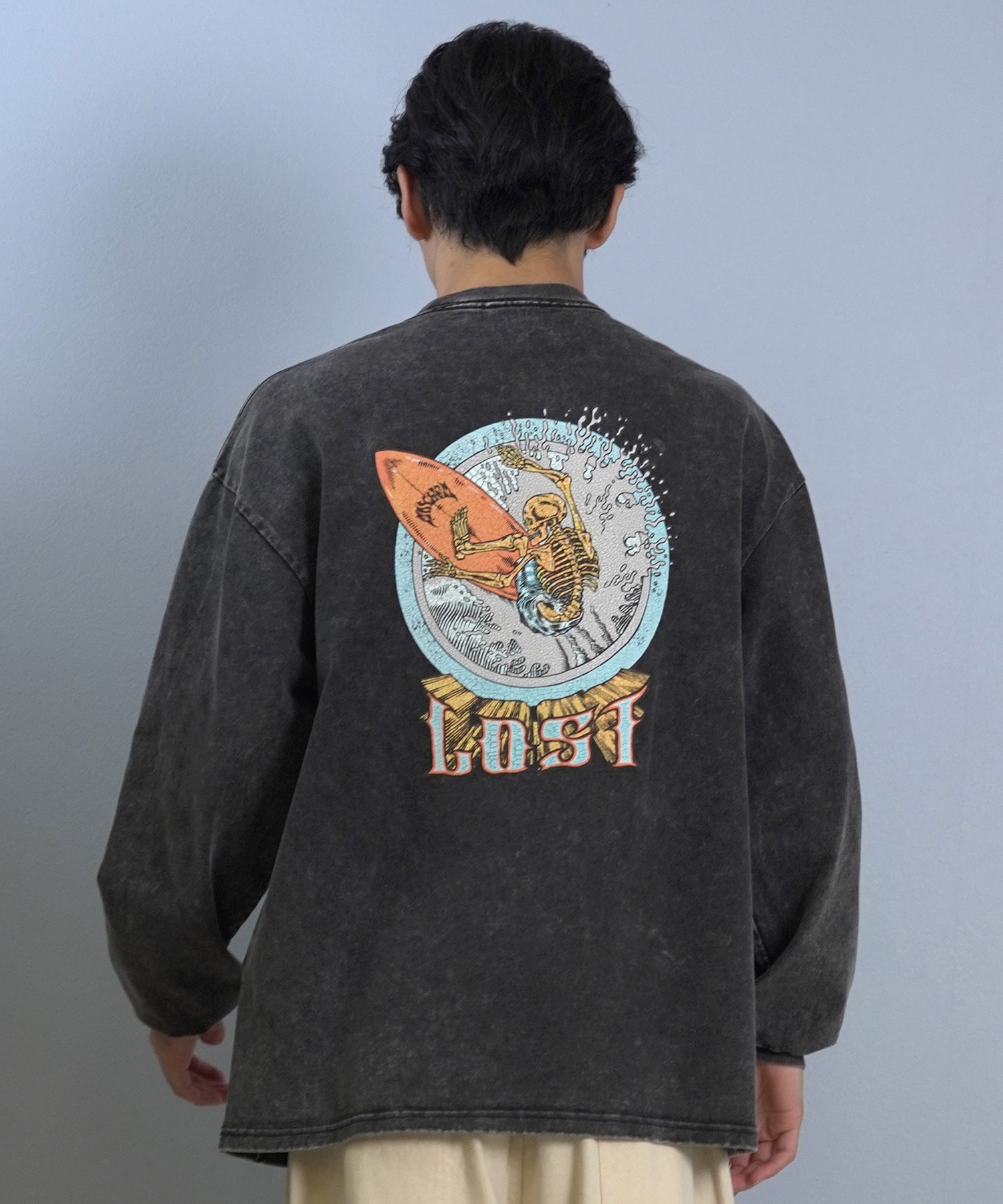 LOST ロスト 長袖 Tシャツ ロンT メンズ バックプリント ヘビーウェイト 古着風 ヴィンテージ加工 L25F-2201 ムラサキスポーツ限定(WHT-M)