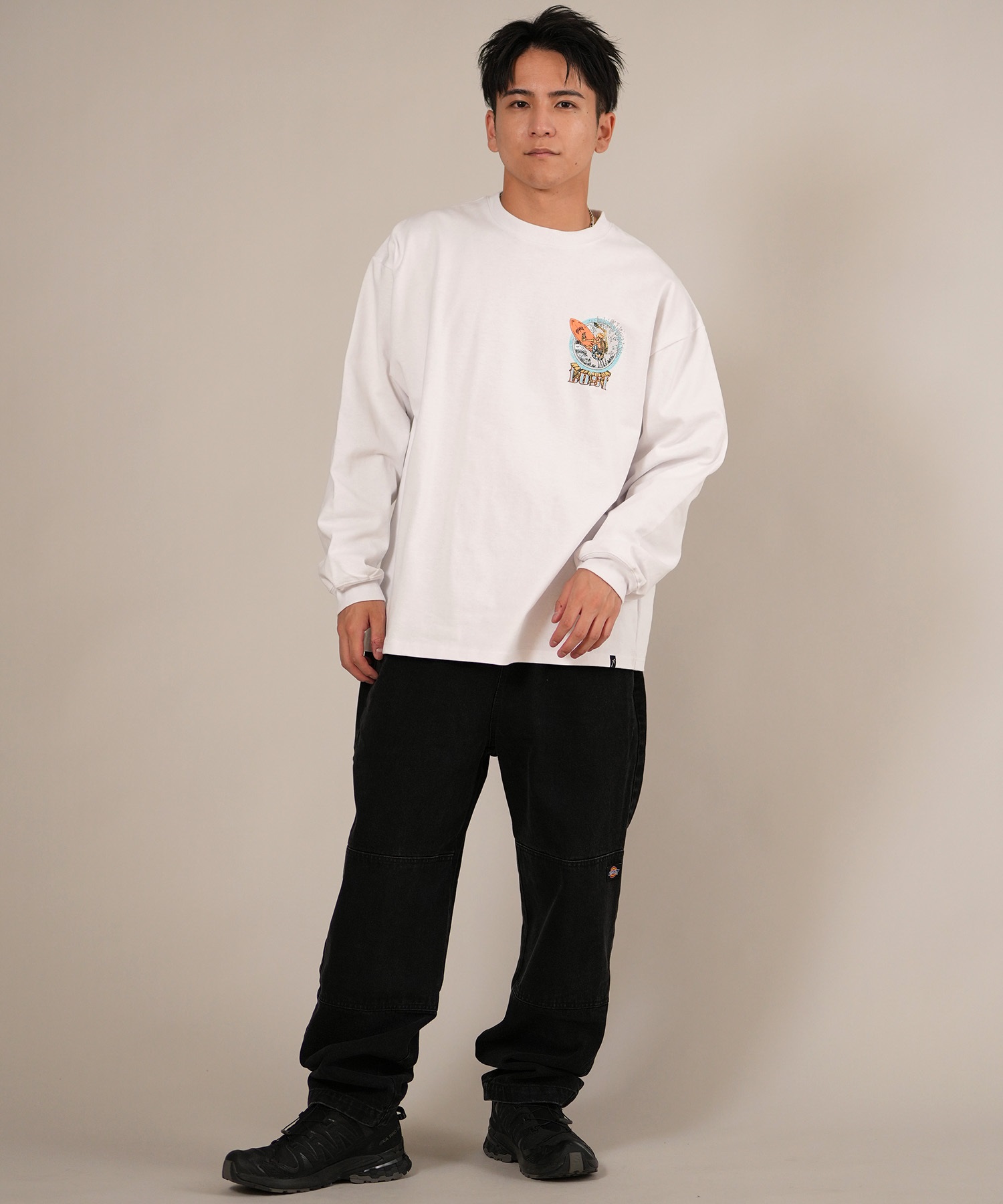 LOST ロスト 長袖 Tシャツ ロンT メンズ バックプリント ヘビーウェイト 古着風 ヴィンテージ加工 L25F-2201 ムラサキスポーツ限定(WHT-M)
