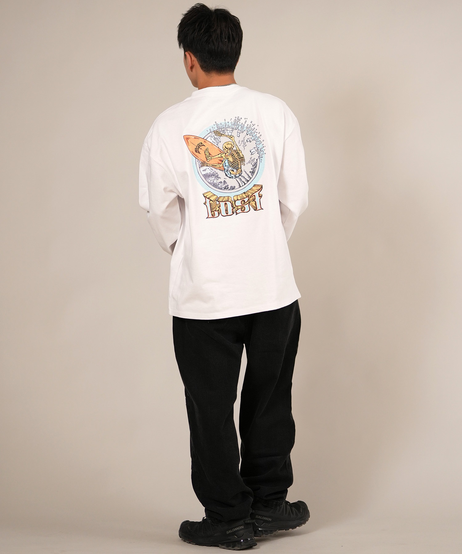 LOST ロスト 長袖 Tシャツ ロンT メンズ バックプリント ヘビーウェイト 古着風 ヴィンテージ加工 L25F-2201 ムラサキスポーツ限定(WHT-M)