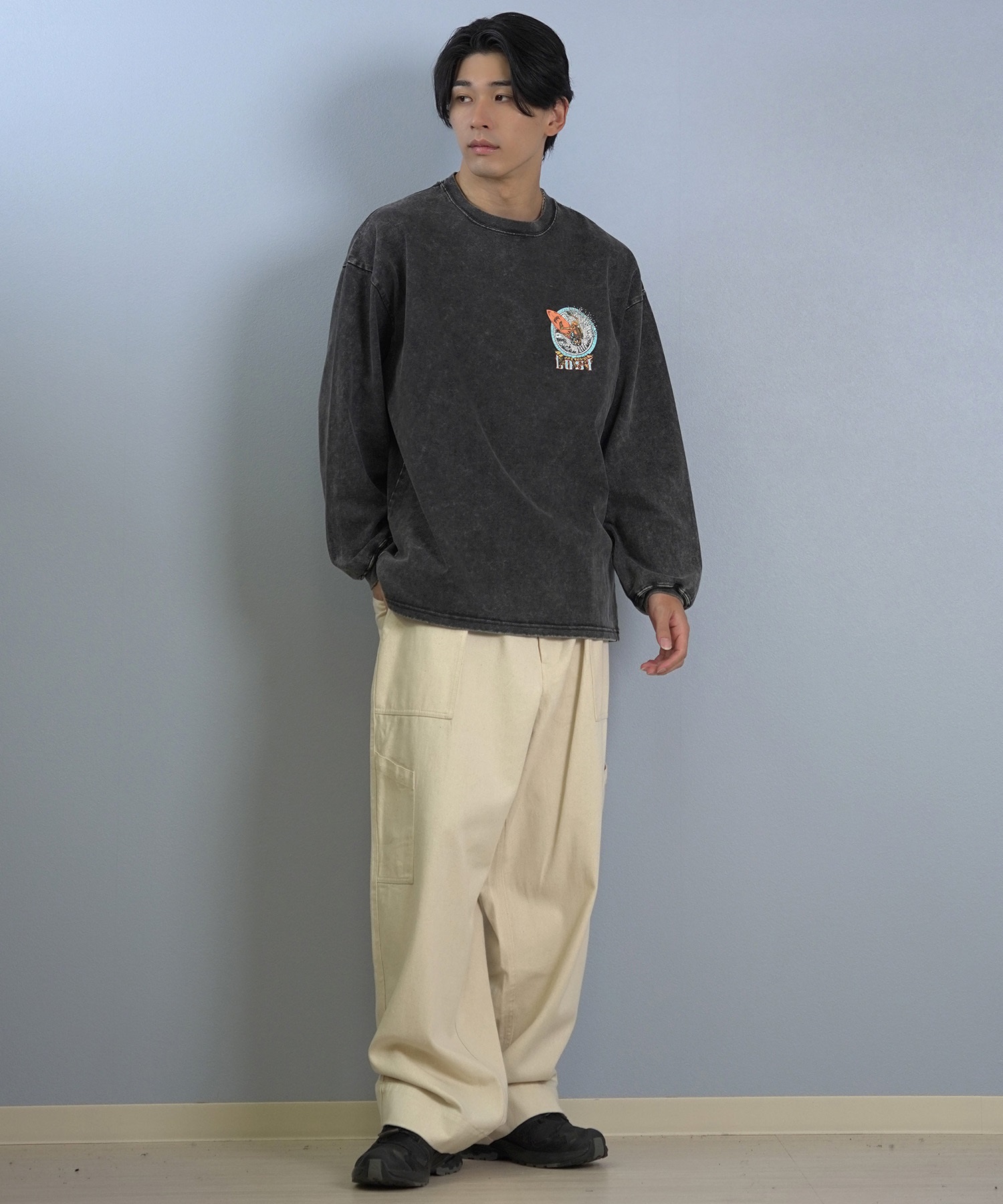 LOST ロスト 長袖 Tシャツ ロンT メンズ バックプリント ヘビーウェイト 古着風 ヴィンテージ加工 L25F-2201 ムラサキスポーツ限定(WHT-M)