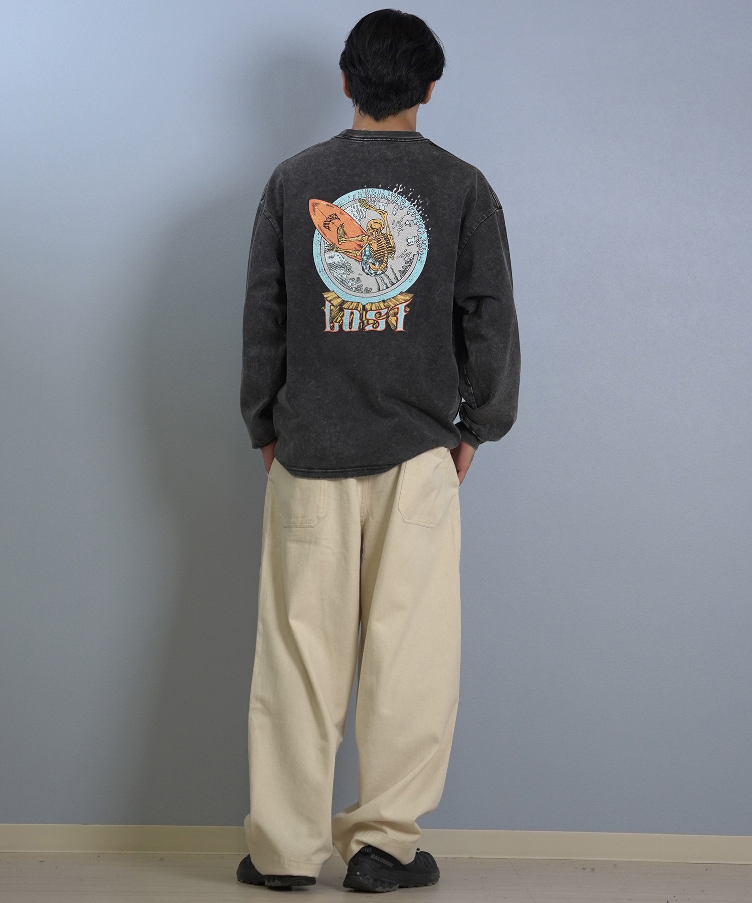 LOST ロスト 長袖 Tシャツ ロンT メンズ バックプリント ヘビーウェイト 古着風 ヴィンテージ加工 L25F-2201 ムラサキスポーツ限定(WHT-M)