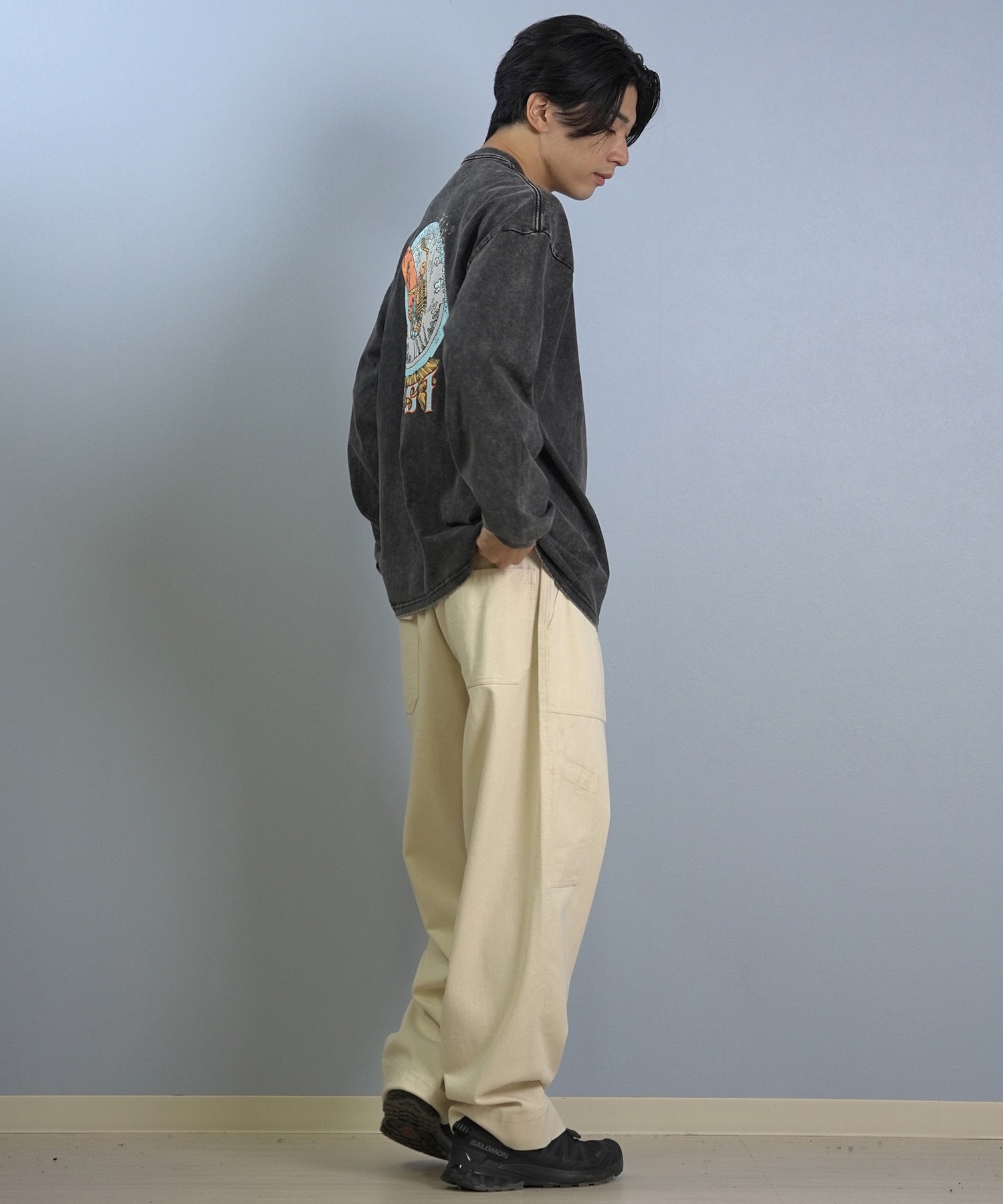 LOST ロスト 長袖 Tシャツ ロンT メンズ バックプリント ヘビーウェイト 古着風 ヴィンテージ加工 L25F-2201 ムラサキスポーツ限定(WHT-M)