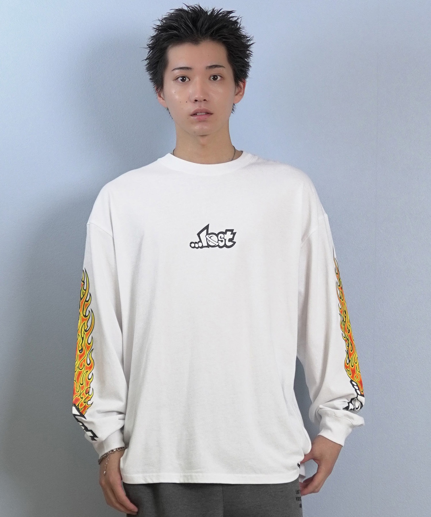 LOST ロスト 長袖 Tシャツ ロンT メンズ 袖プリント 古着風 ヴィンテージ加工 L25F-2204 ムラサキスポーツ限定(WHT-M)
