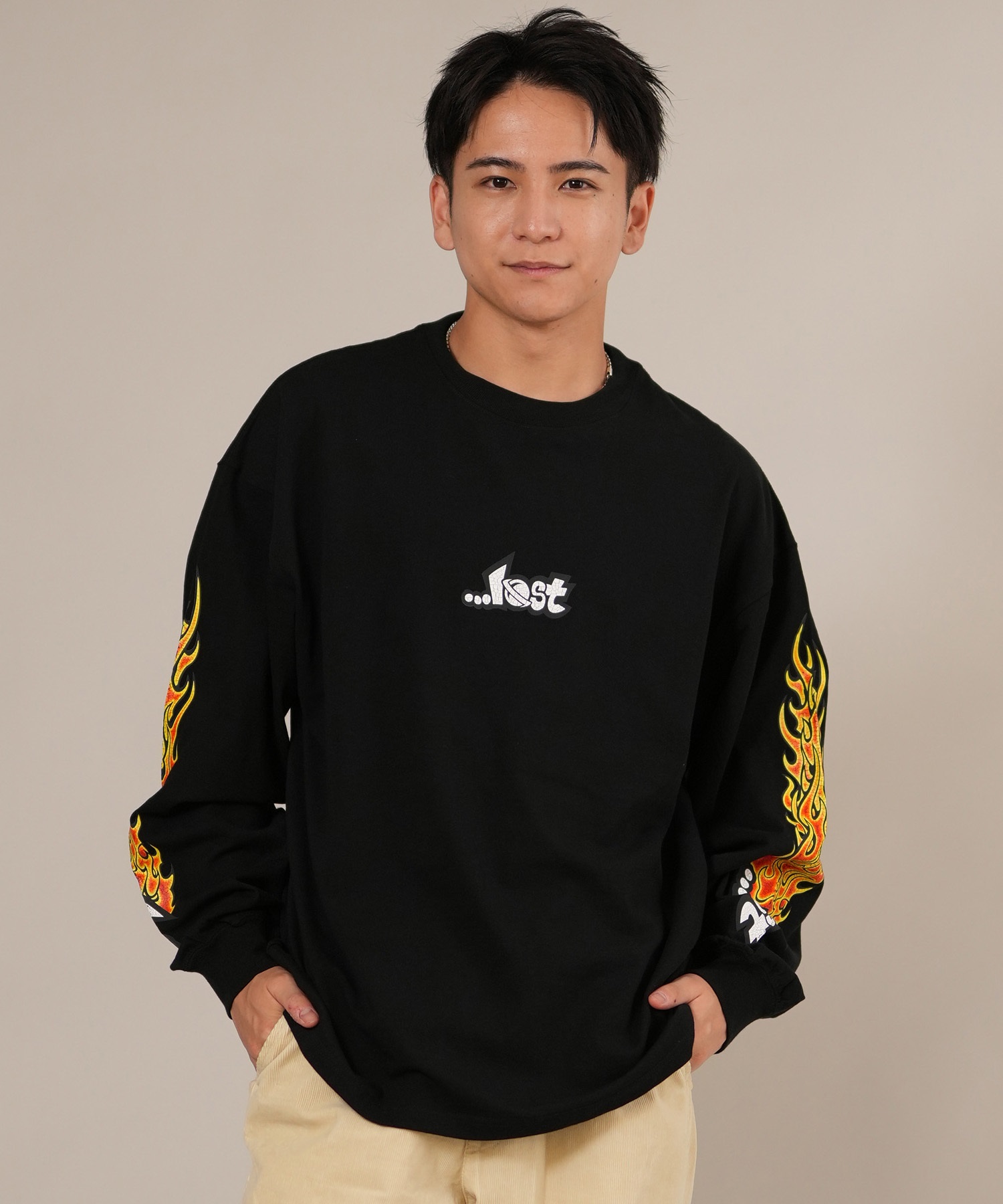 LOST ロスト 長袖 Tシャツ ロンT メンズ 袖プリント 古着風 ヴィンテージ加工 L25F-2204 ムラサキスポーツ限定(WHT-M)