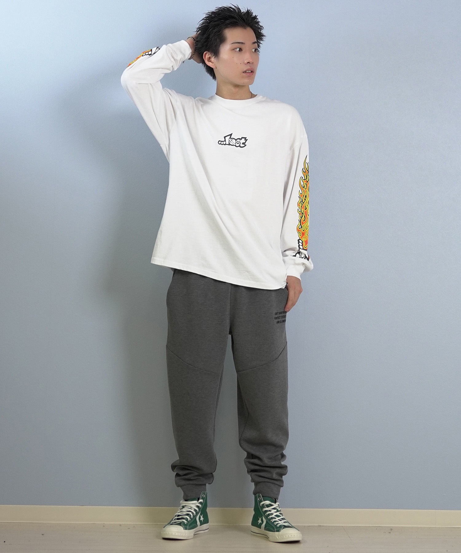 LOST ロスト 長袖 Tシャツ ロンT メンズ 袖プリント 古着風 ヴィンテージ加工 L25F-2204 ムラサキスポーツ限定(WHT-M)