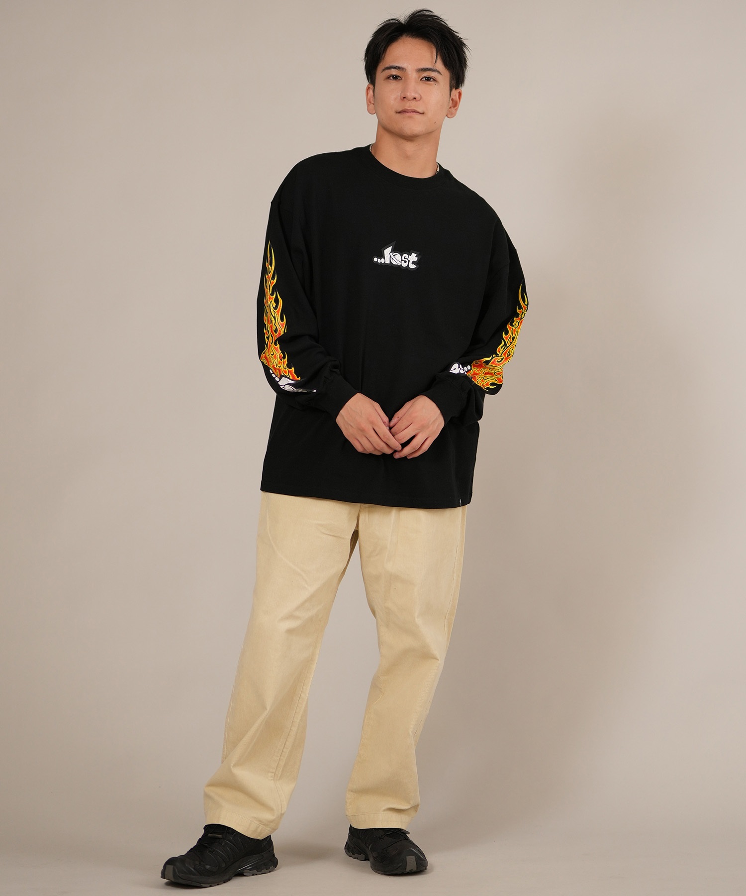 LOST ロスト 長袖 Tシャツ ロンT メンズ 袖プリント 古着風 ヴィンテージ加工 L25F-2204 ムラサキスポーツ限定(WHT-M)