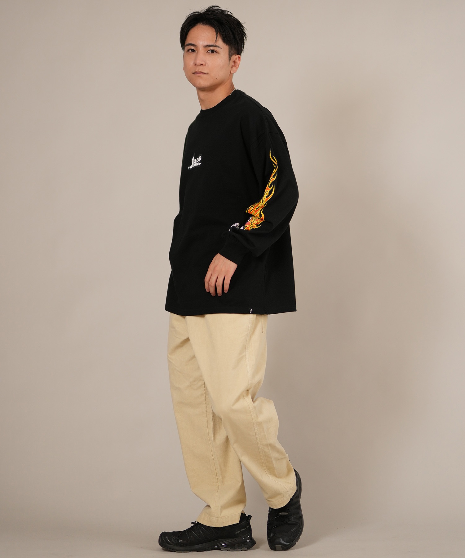 LOST ロスト 長袖 Tシャツ ロンT メンズ 袖プリント 古着風 ヴィンテージ加工 L25F-2204 ムラサキスポーツ限定(WHT-M)