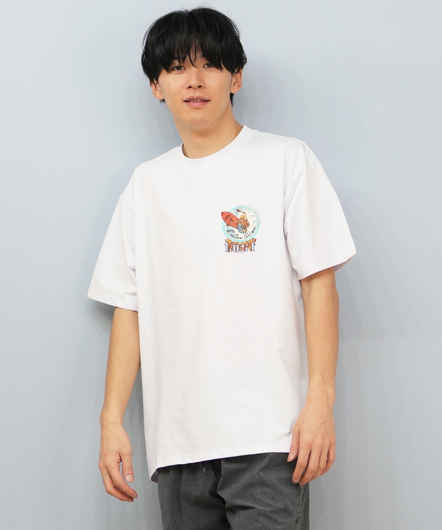 LOST ロスト 水着 ラッシュガード 半袖 Tシャツ メンズ バックプリント 水陸両用 吸水速乾 UVカット L25S-4302 ムラサキスポーツ限定(WHT-M)