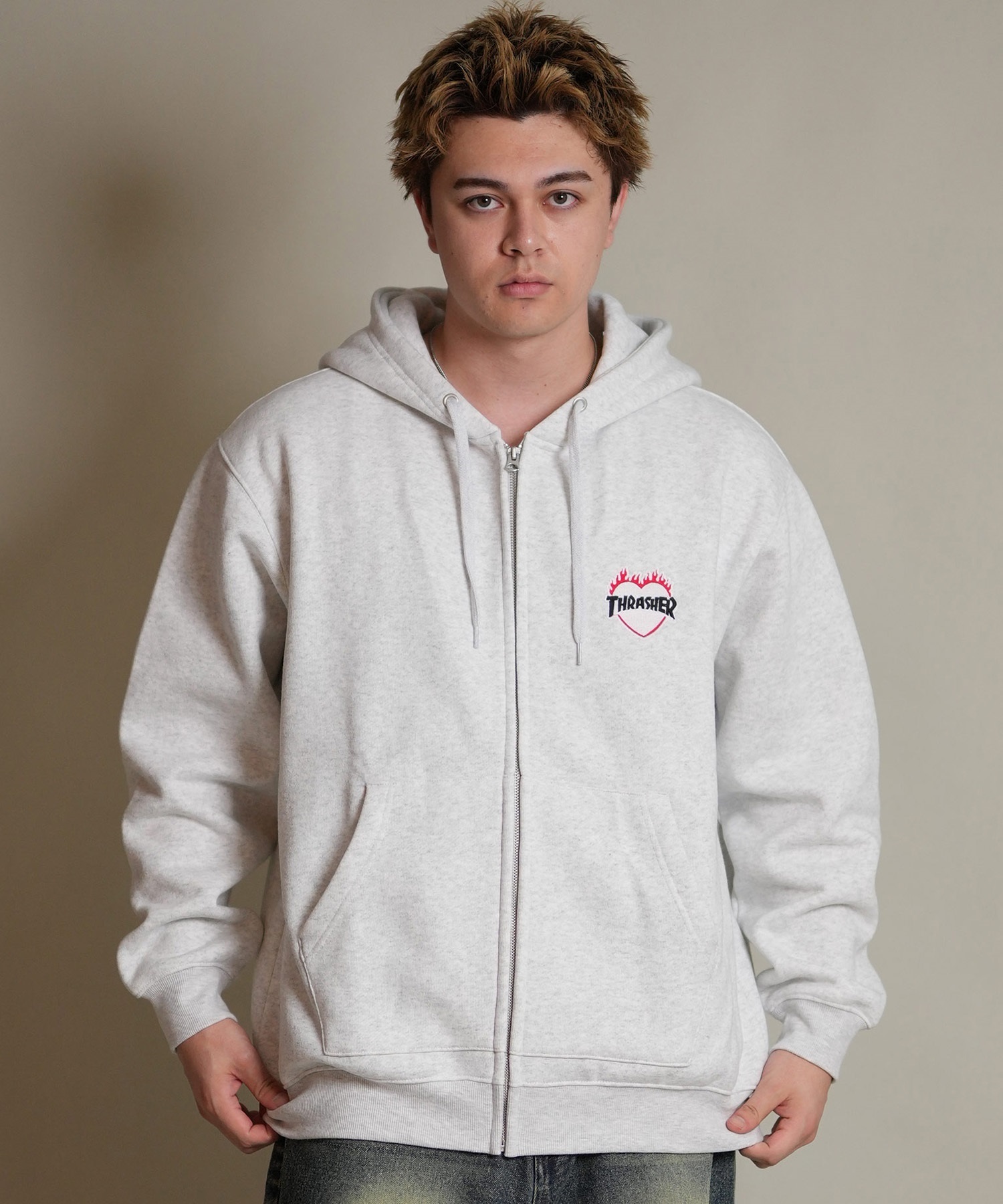 THRASHER スラッシャー ジップアップ パーカー メンズ スウェット フーディー ロゴ ワンポイント 裏起毛 254TH1PK065(WHT-M)