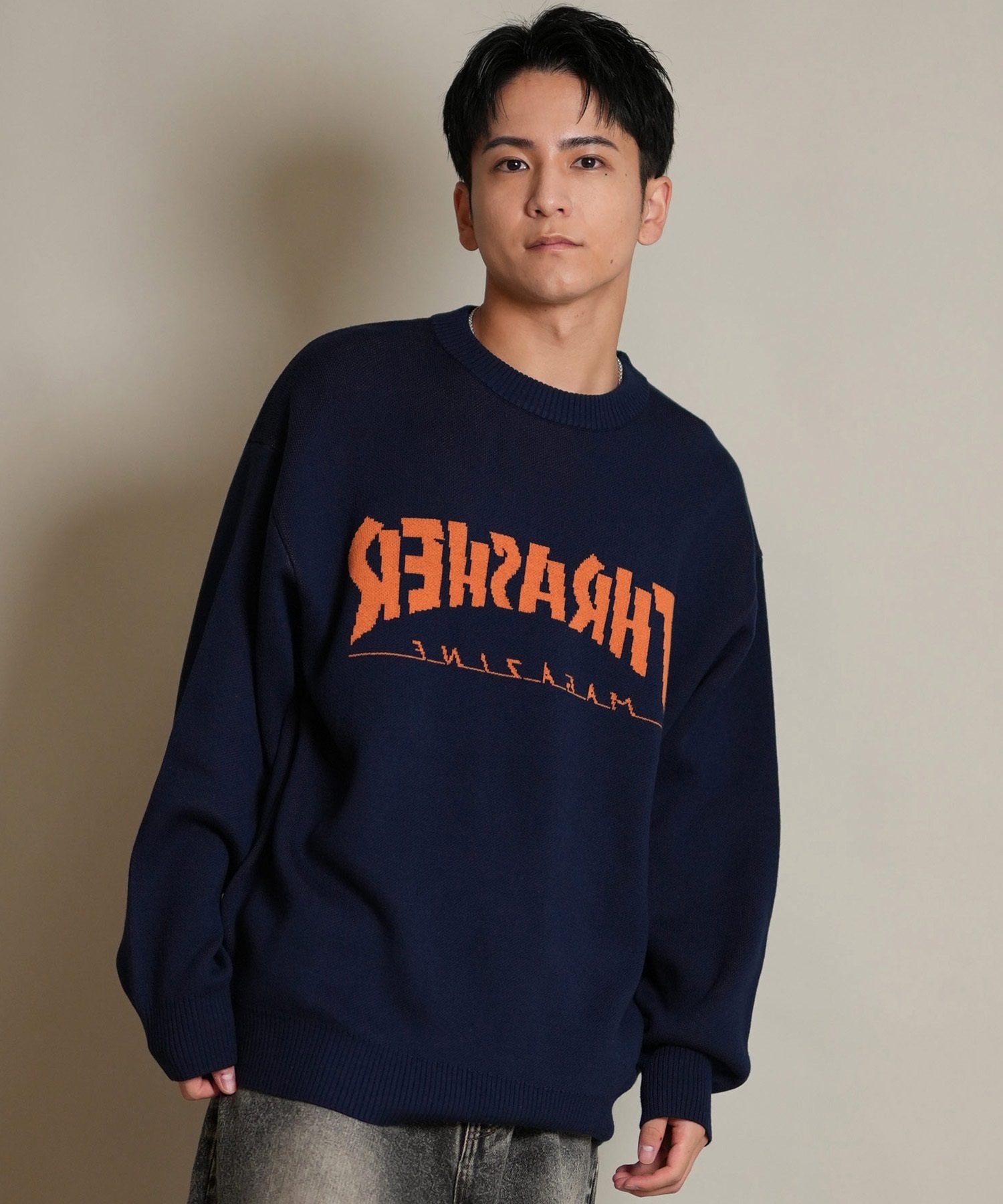 THRASHER スラッシャー ニット セーター メンズ クルーネック 反転ロゴ ジャガード織り 254TH1KN071(BRN-M)