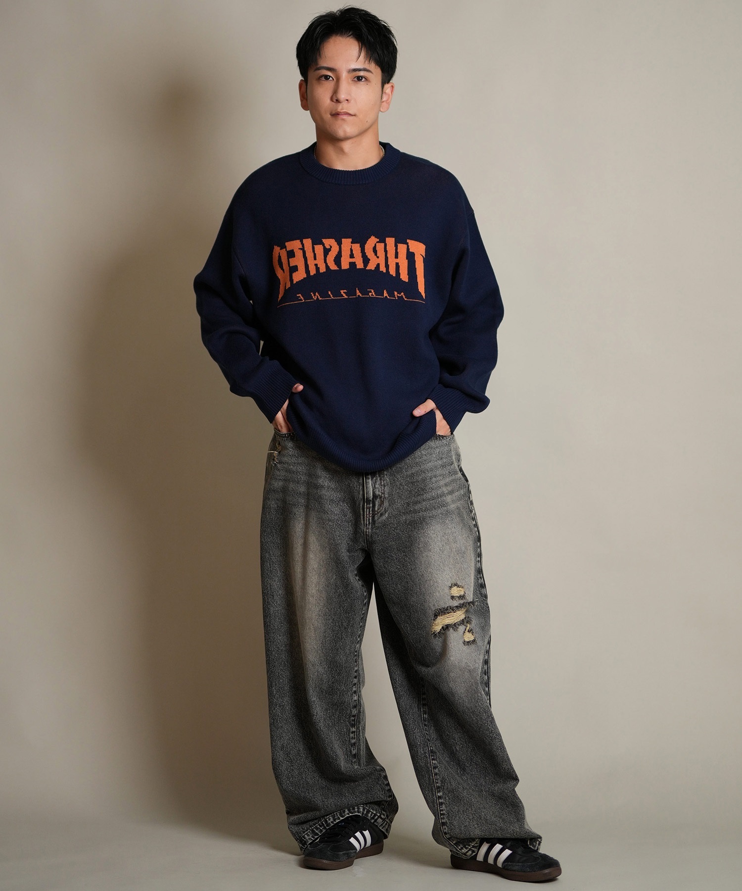 THRASHER スラッシャー ニット セーター メンズ クルーネック 反転ロゴ ジャガード織り 254TH1KN071(BRN-M)
