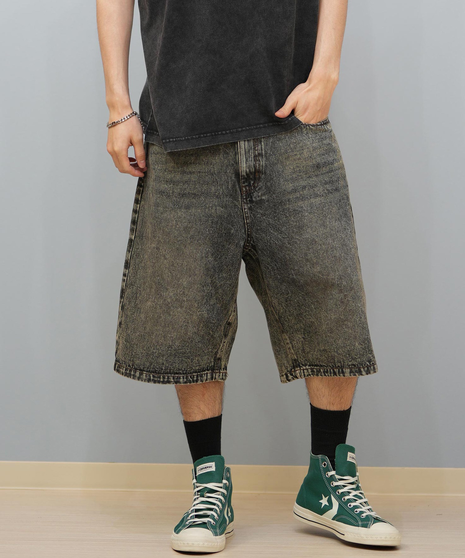 THRASHER スラッシャー ハーフパンツ ショートパンツ メンズ デニム ショーツ 膝下丈 ブランド刺繍 253TH1SP042 ムラサキスポーツ限定(BLK-M)
