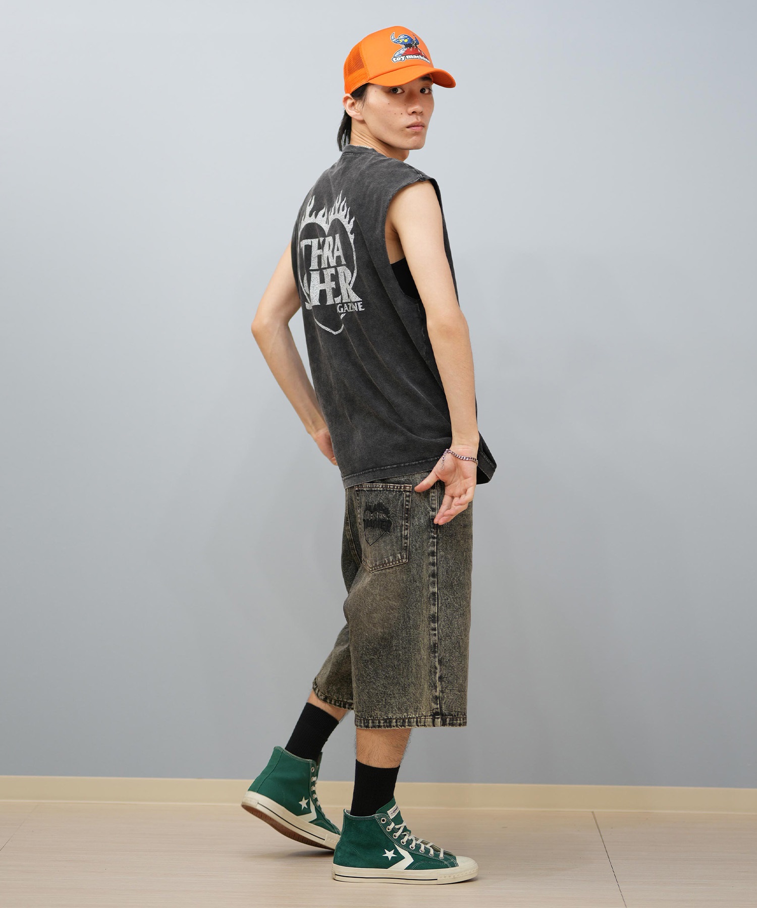 THRASHER スラッシャー ハーフパンツ ショートパンツ メンズ デニム ショーツ 膝下丈 ブランド刺繍 253TH1SP042 ムラサキスポーツ限定(BLK-M)