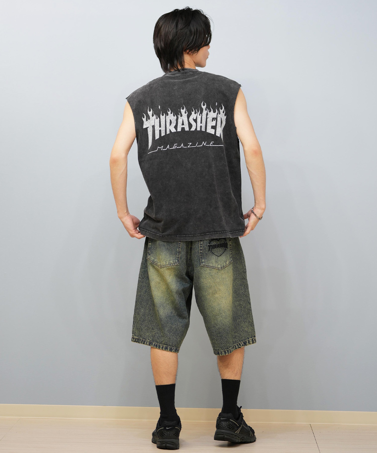 THRASHER スラッシャー ハーフパンツ ショートパンツ メンズ デニム ショーツ 膝下丈 ブランド刺繍 253TH1SP042 ムラサキスポーツ限定(BLK-M)