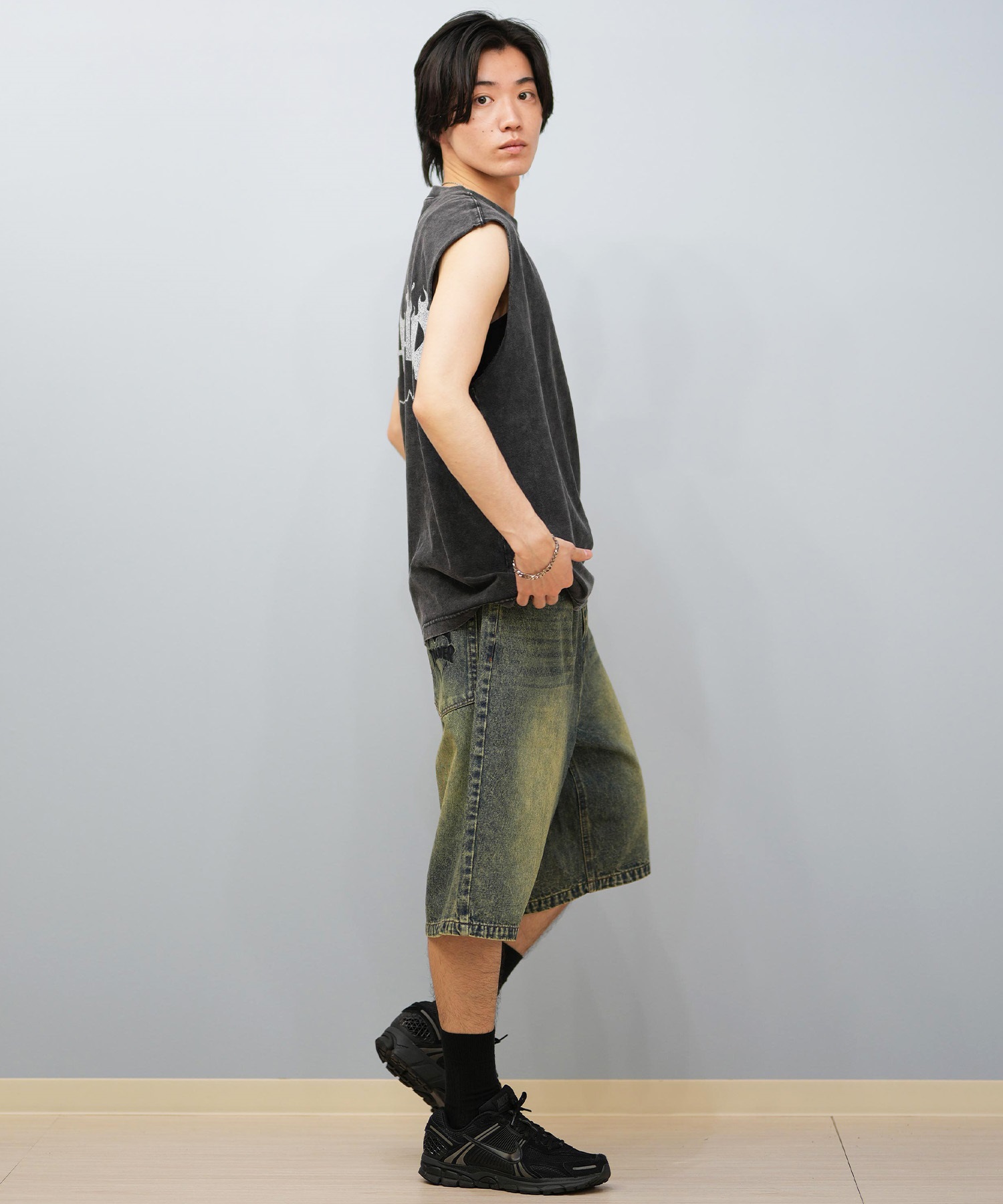 THRASHER スラッシャー ハーフパンツ ショートパンツ メンズ デニム ショーツ 膝下丈 ブランド刺繍 253TH1SP042 ムラサキスポーツ限定(BLK-M)