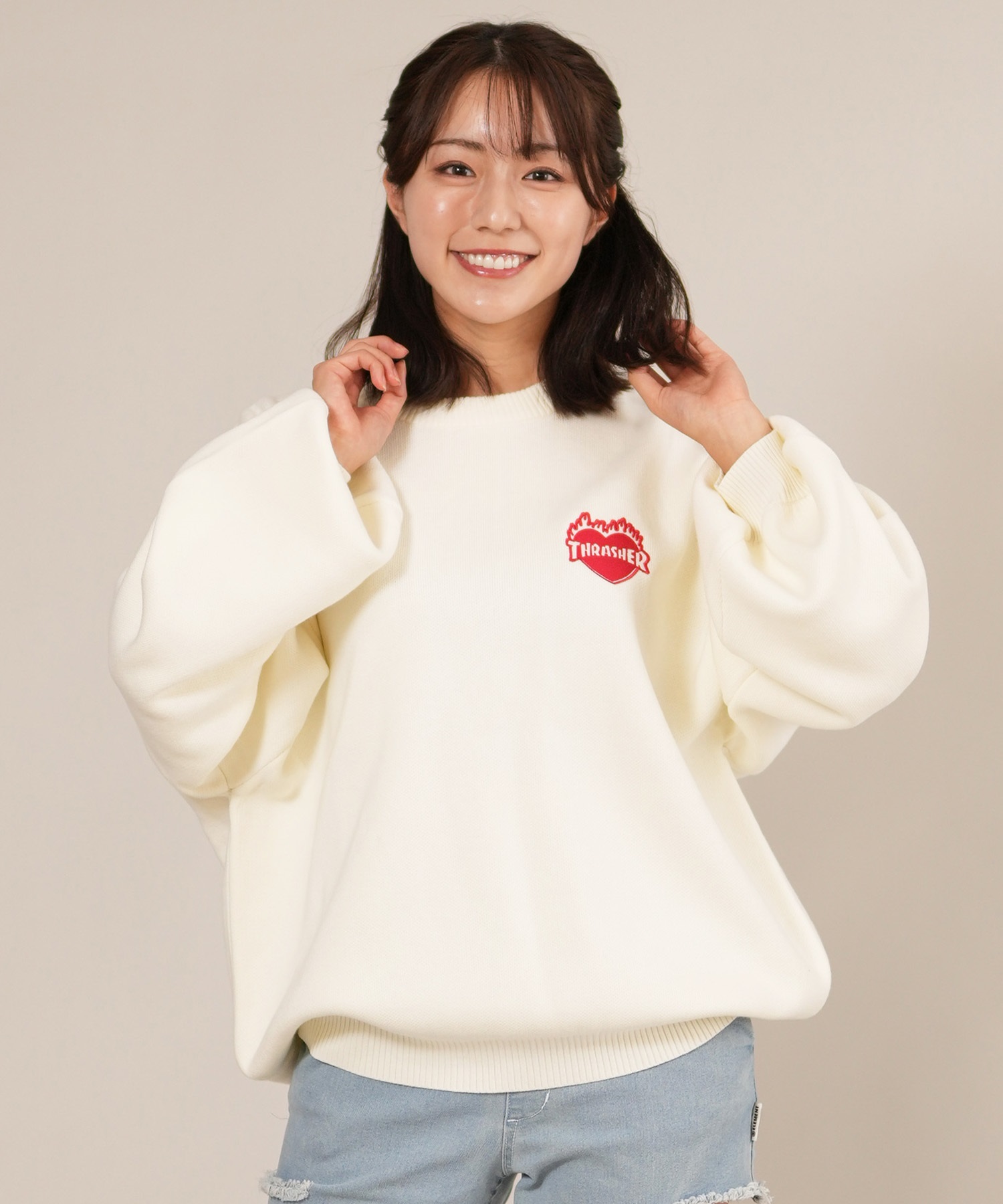 THRASHER スラッシャー ニット セーター レディース クルーネック ロゴ バーニング ハート ワンポイント 254TH2KN053(BLK-FREE)