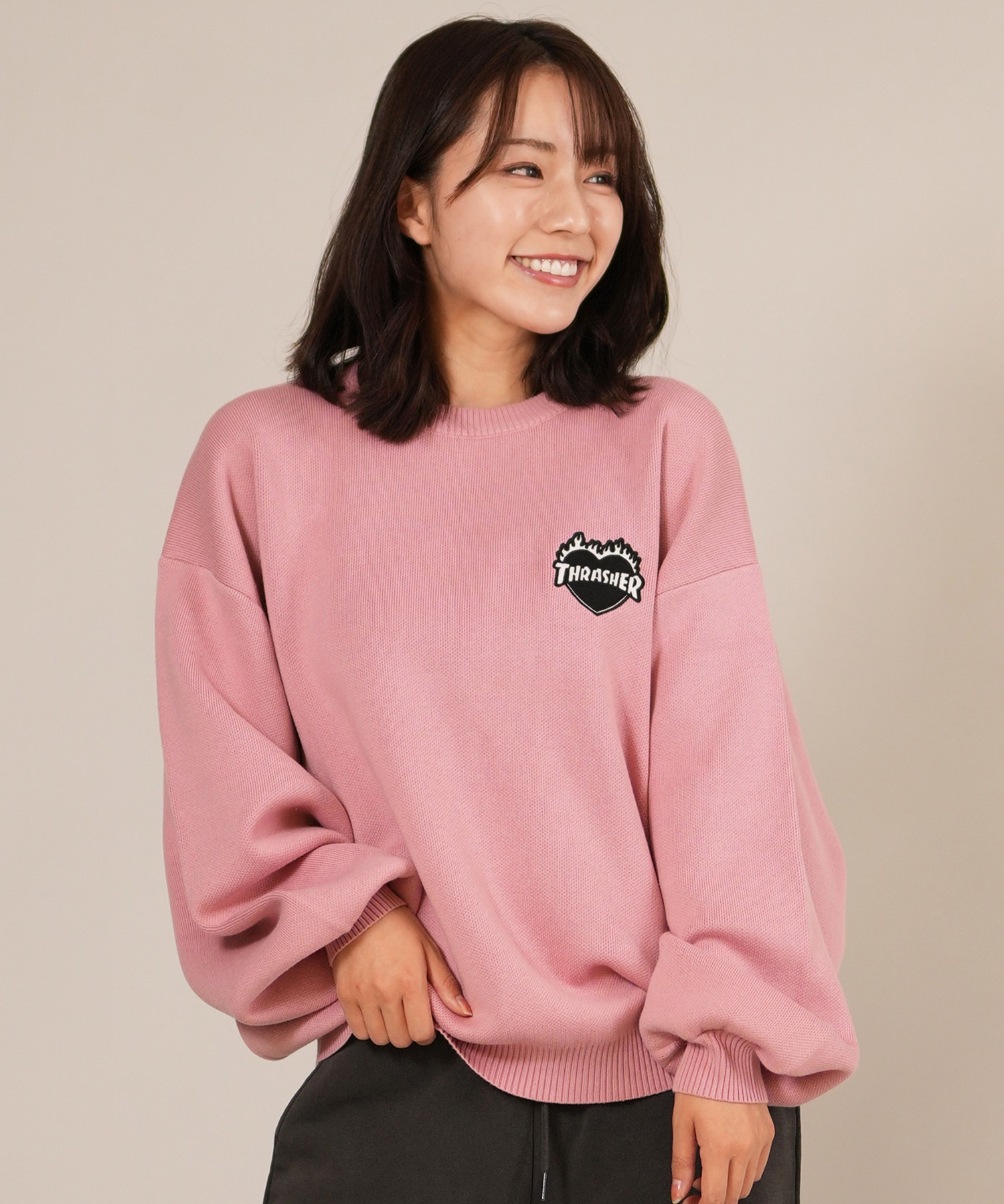 THRASHER スラッシャー ニット セーター レディース クルーネック ロゴ バーニング ハート ワンポイント 254TH2KN053(BLK-FREE)