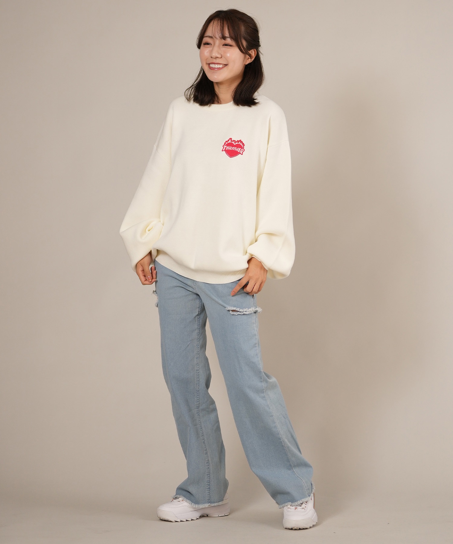 THRASHER スラッシャー ニット セーター レディース クルーネック ロゴ バーニング ハート ワンポイント 254TH2KN053(BLK-FREE)
