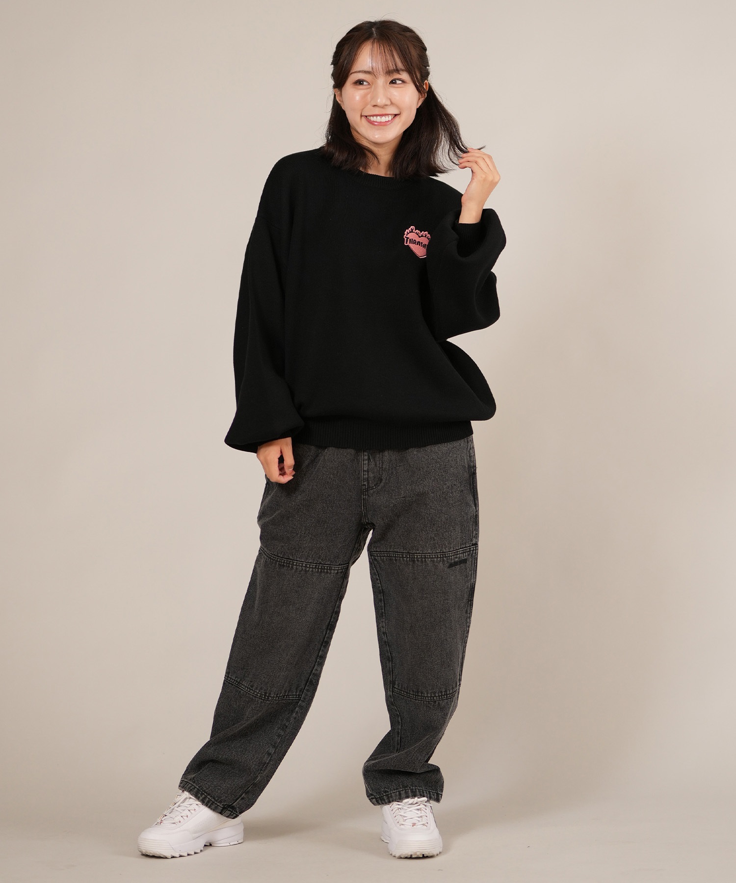 THRASHER スラッシャー ニット セーター レディース クルーネック ロゴ バーニング ハート ワンポイント 254TH2KN053(BLK-FREE)