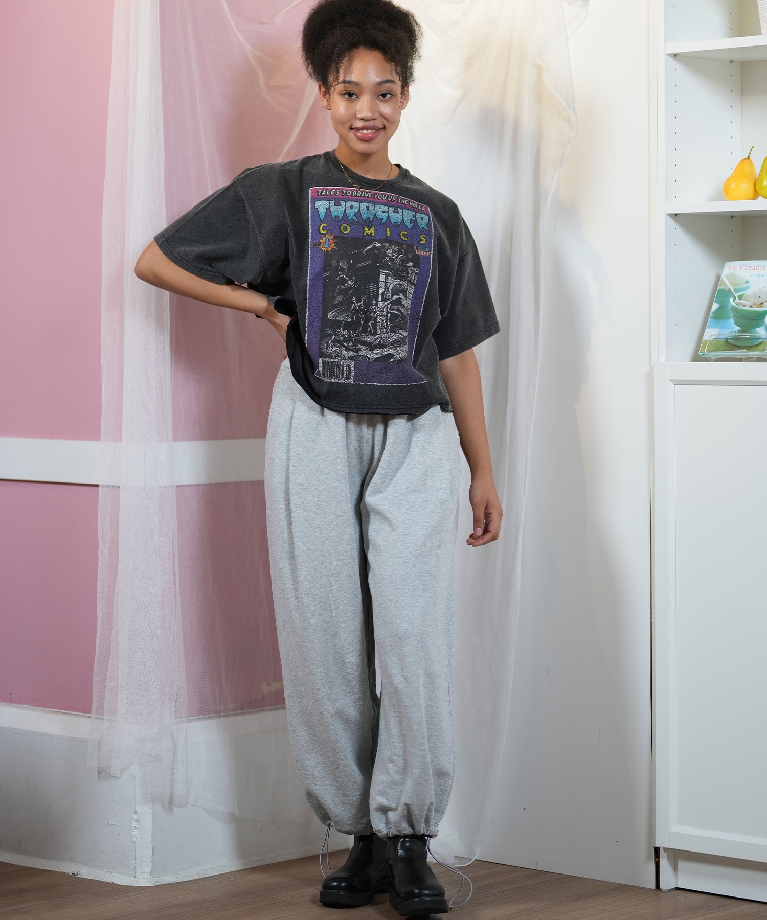THRASHER スラッシャー 半袖 Tシャツ レディース コミックプリント クロップド丈 252TH2ST026(BLK-1-FREE)
