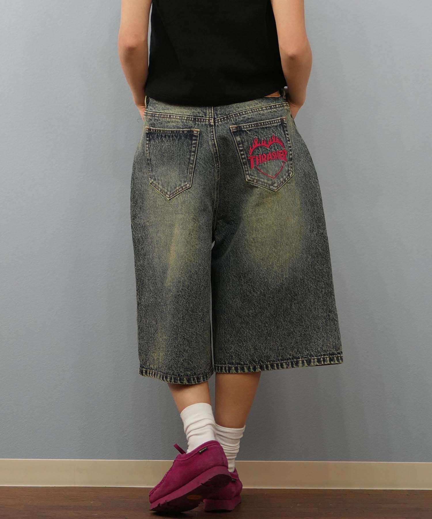 THRASHER スラッシャー ハーフパンツ ショートパンツ レディース ユニセックス デニム パンツ Gパン 刺しゅう 253TH2SP043(BLK-S)