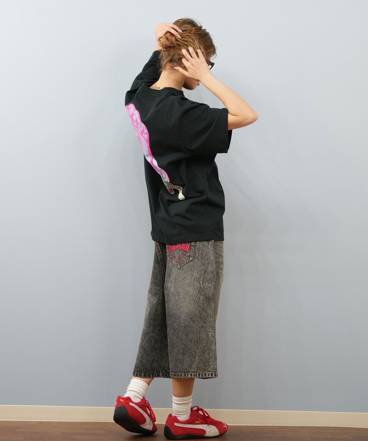 THRASHER スラッシャー ハーフパンツ ショートパンツ レディース ユニセックス デニム パンツ Gパン 刺しゅう 253TH2SP043(BLK-S)