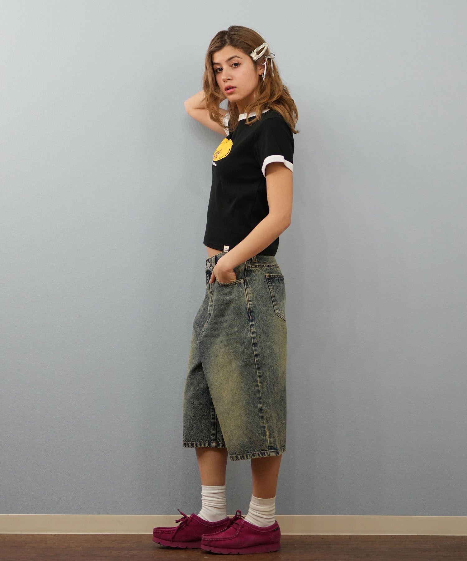 THRASHER スラッシャー ハーフパンツ ショートパンツ レディース ユニセックス デニム パンツ Gパン 刺しゅう 253TH2SP043(BLK-S)
