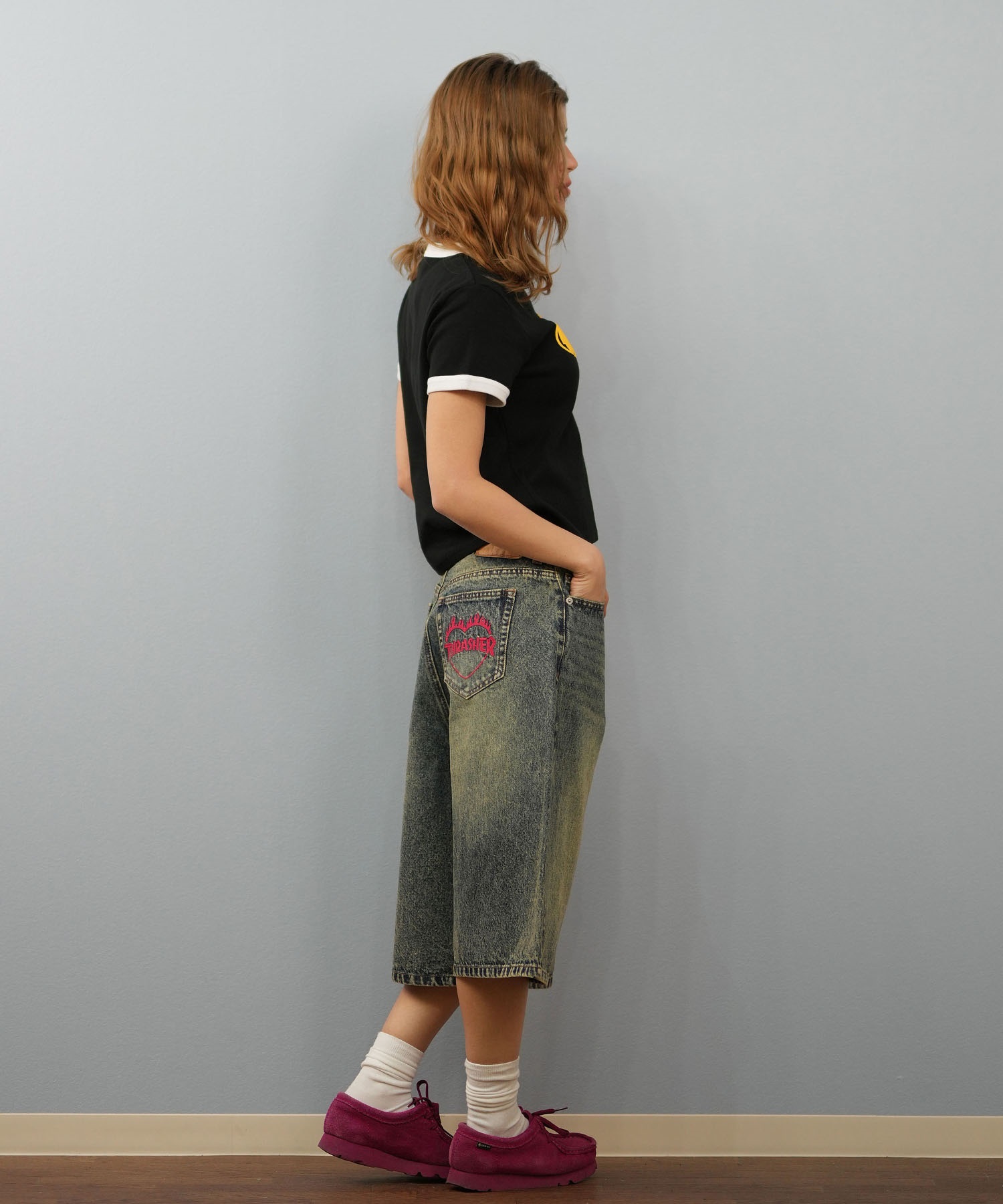 THRASHER スラッシャー ハーフパンツ ショートパンツ レディース ユニセックス デニム パンツ Gパン 刺しゅう 253TH2SP043(BLK-S)