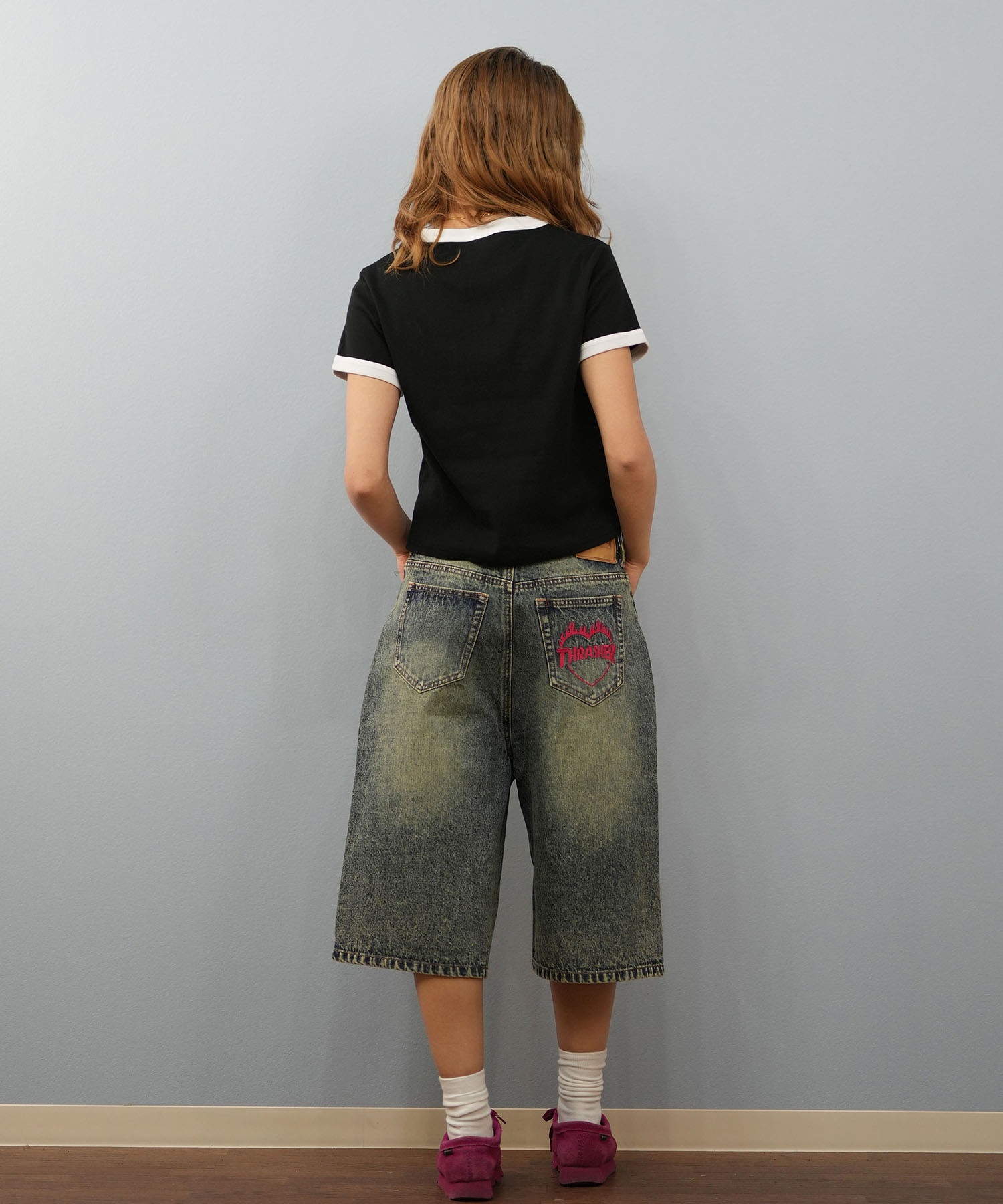 THRASHER スラッシャー ハーフパンツ ショートパンツ レディース ユニセックス デニム パンツ Gパン 刺しゅう 253TH2SP043(BLK-S)