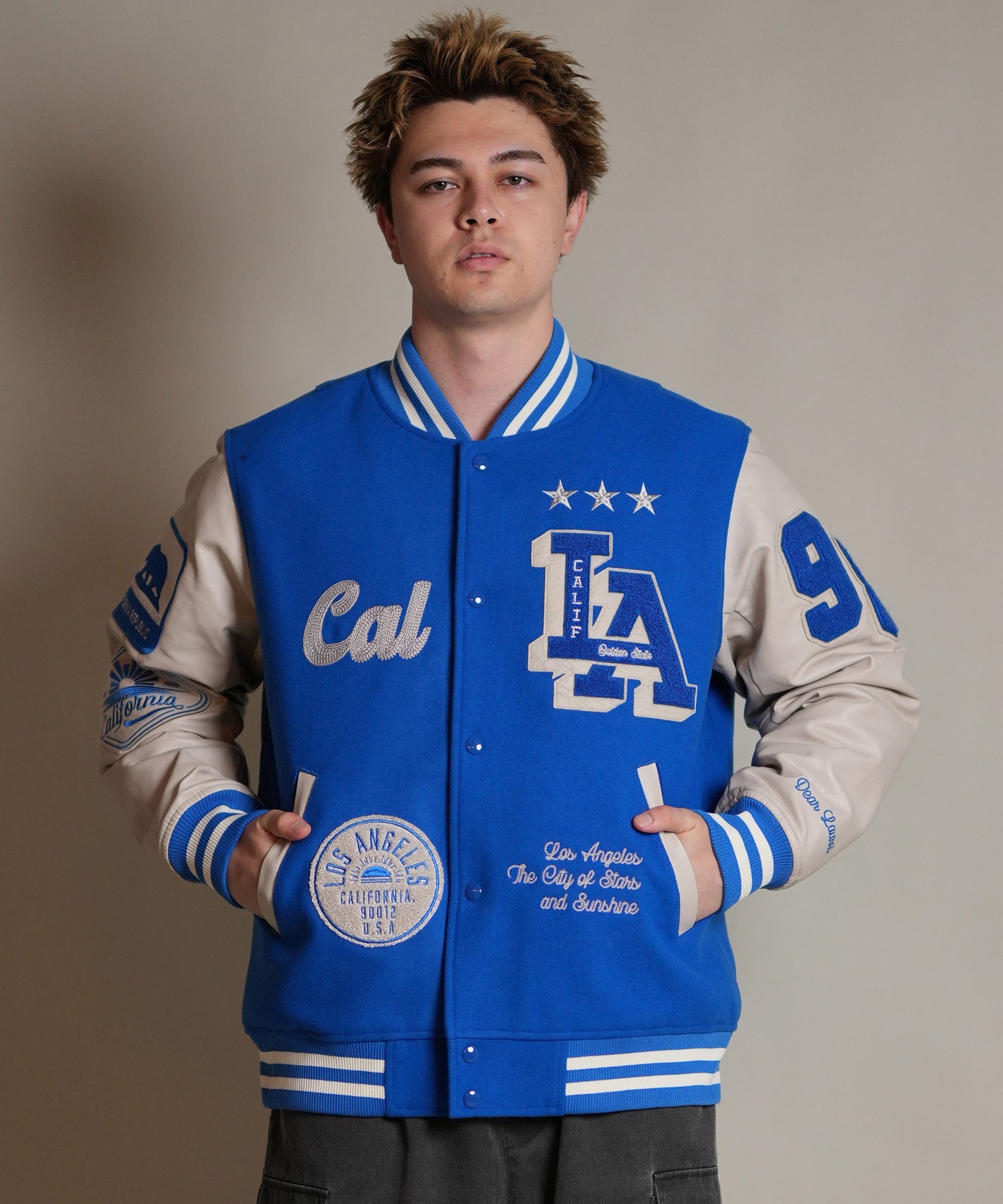 DEAR LAUREL ディアローレル × Pla-Jac プラジャック アウター スタジャン メンズ スタジアム ジャケット 防風 LA VARSITY JACKET D25F-0101(BK/WT-M)