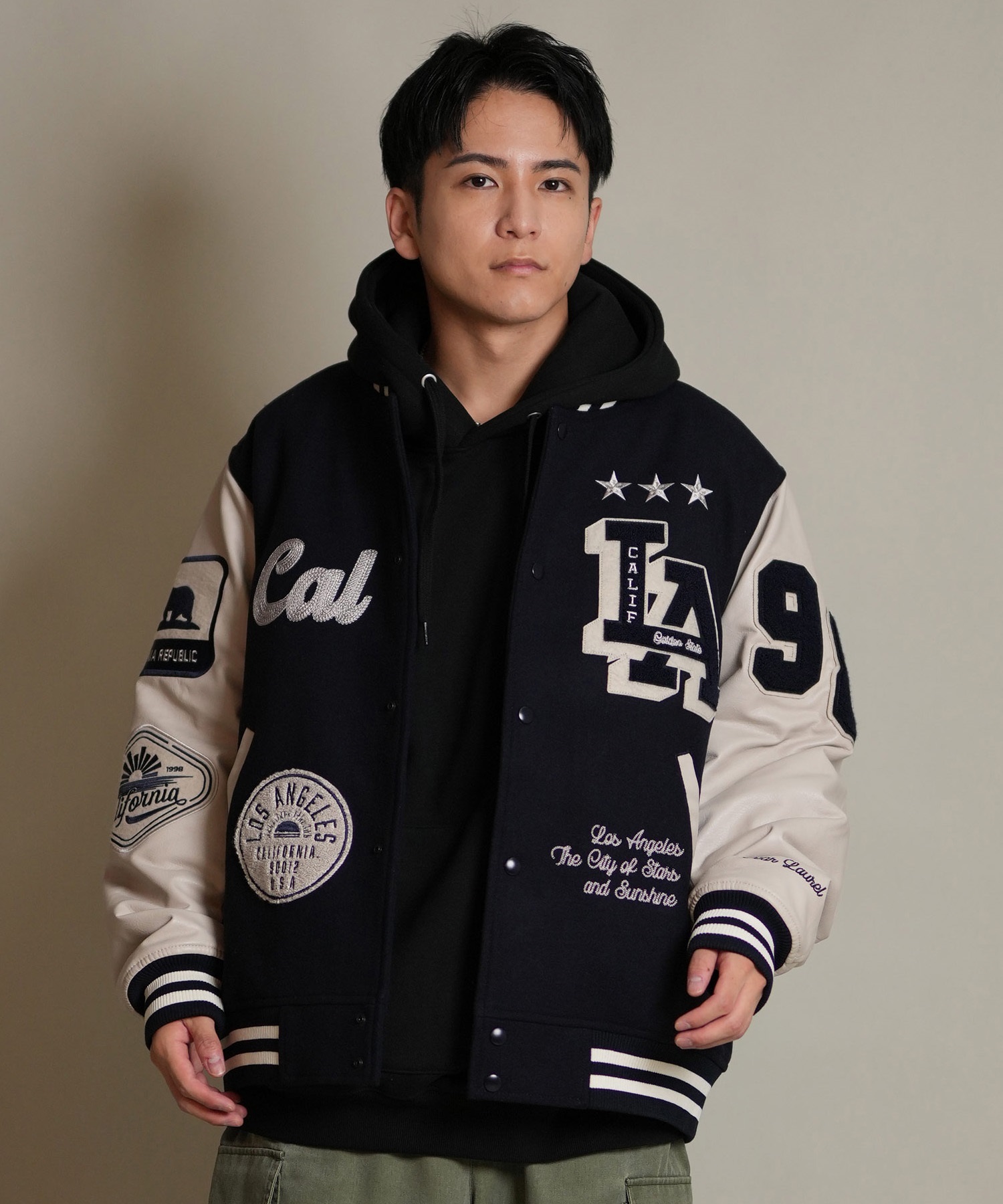 DEAR LAUREL ディアローレル × Pla-Jac プラジャック アウター スタジャン メンズ スタジアム ジャケット 防風 LA VARSITY JACKET D25F-0101(BK/WT-M)