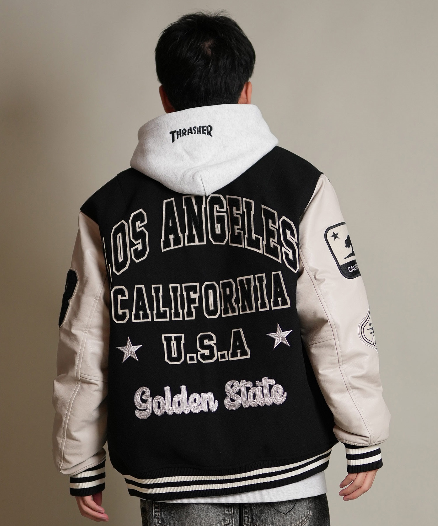 DEAR LAUREL ディアローレル × Pla-Jac プラジャック アウター スタジャン メンズ スタジアム ジャケット 防風 LA VARSITY JACKET D25F-0101(BK/WT-M)