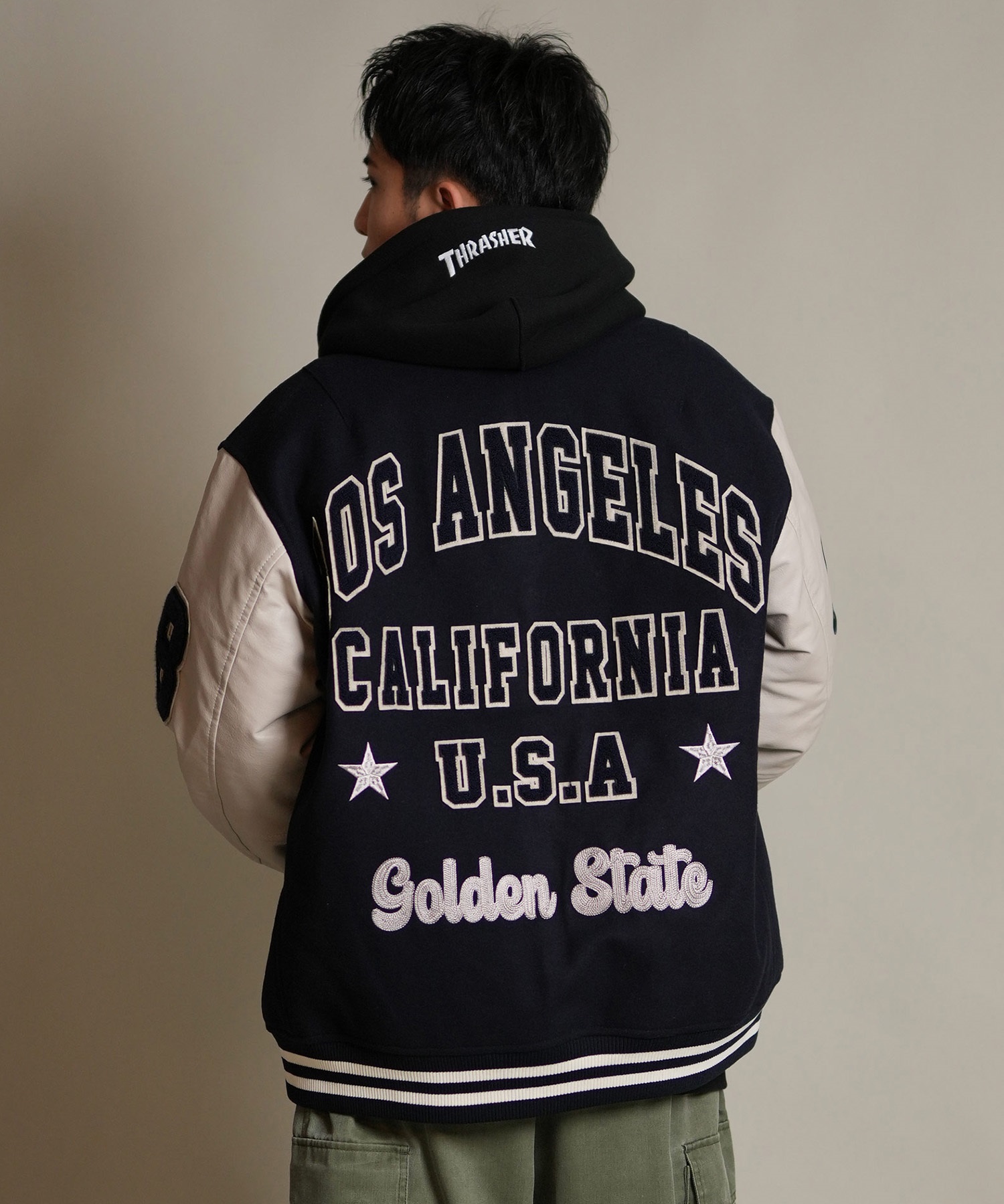 DEAR LAUREL ディアローレル × Pla-Jac プラジャック アウター スタジャン メンズ スタジアム ジャケット 防風 LA VARSITY JACKET D25F-0101(BK/WT-M)