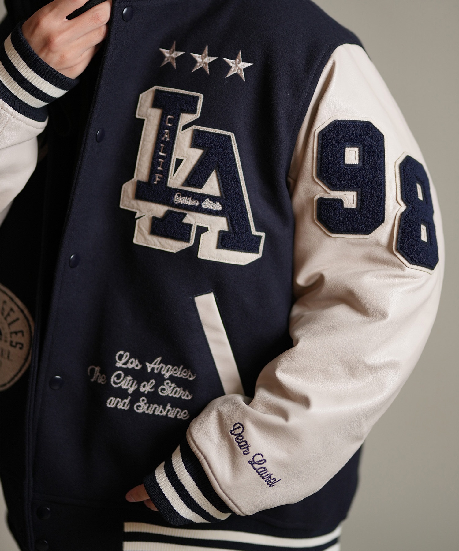 DEAR LAUREL ディアローレル × Pla-Jac プラジャック アウター スタジャン メンズ スタジアム ジャケット 防風 LA VARSITY JACKET D25F-0101(BK/WT-M)