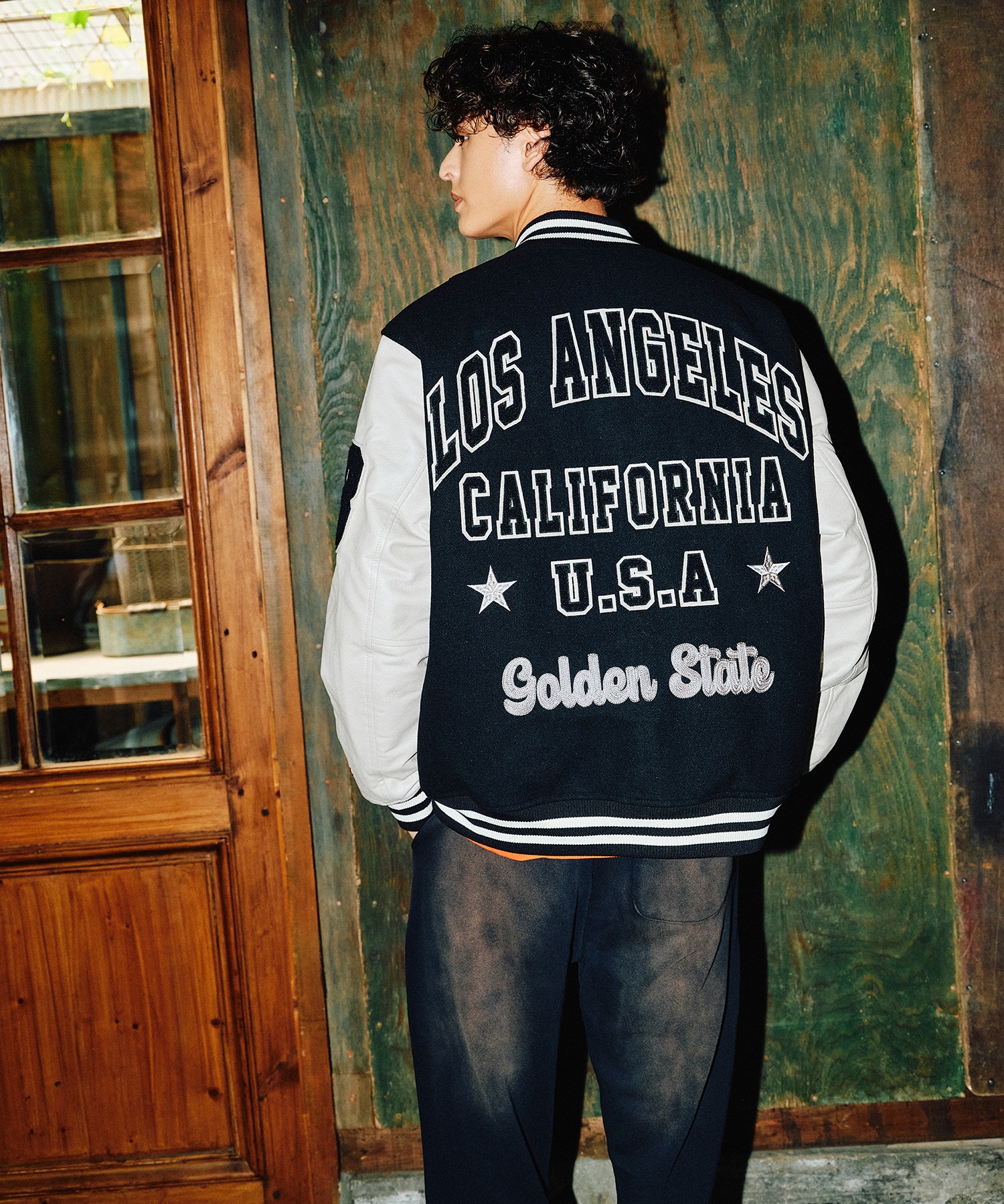 DEAR LAUREL ディアローレル × Pla-Jac プラジャック アウター スタジャン メンズ スタジアム ジャケット 防風 LA VARSITY JACKET D25F-0101(BK/WT-M)