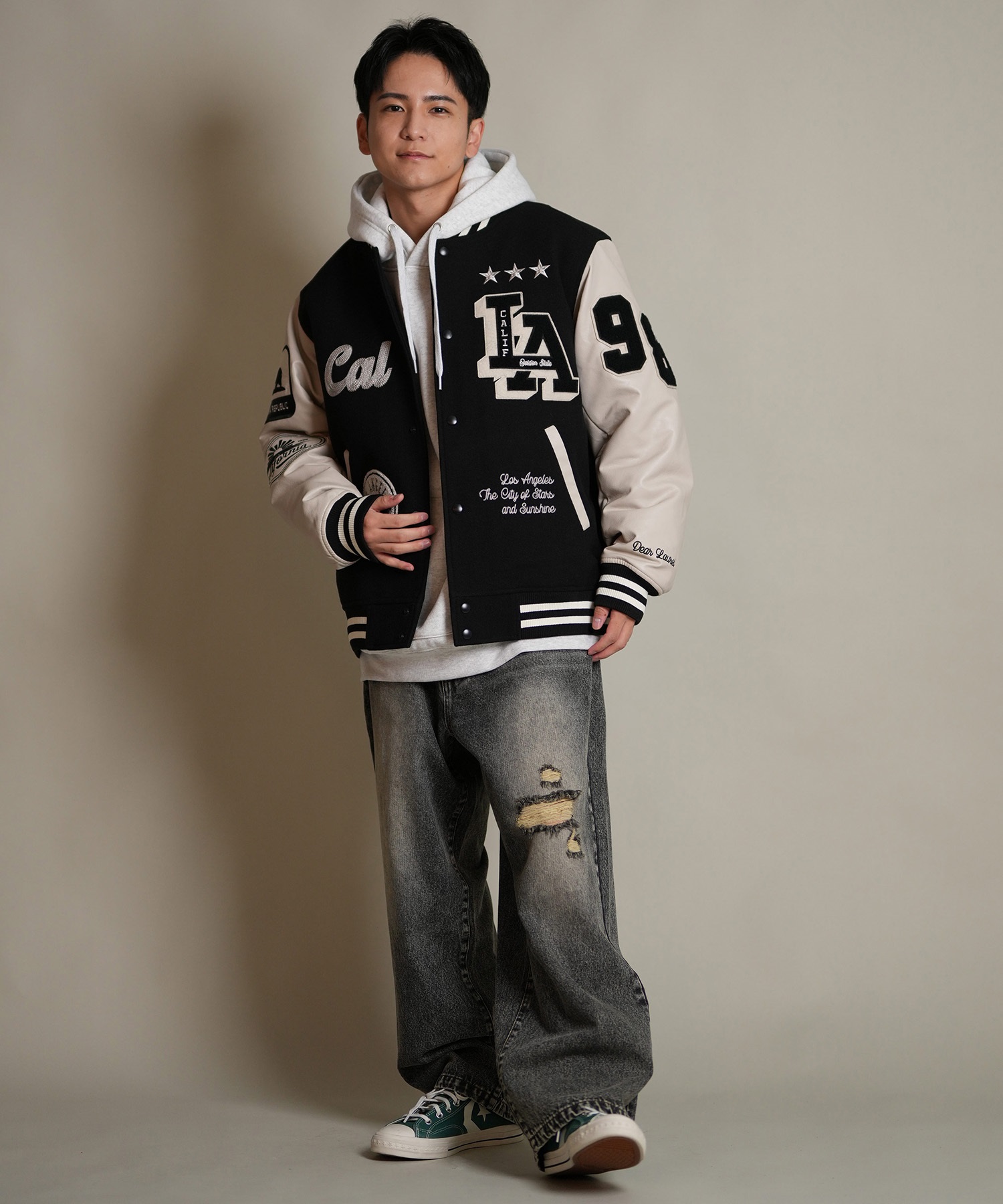 DEAR LAUREL ディアローレル × Pla-Jac プラジャック アウター スタジャン メンズ スタジアム ジャケット 防風 LA VARSITY JACKET D25F-0101(BK/WT-M)